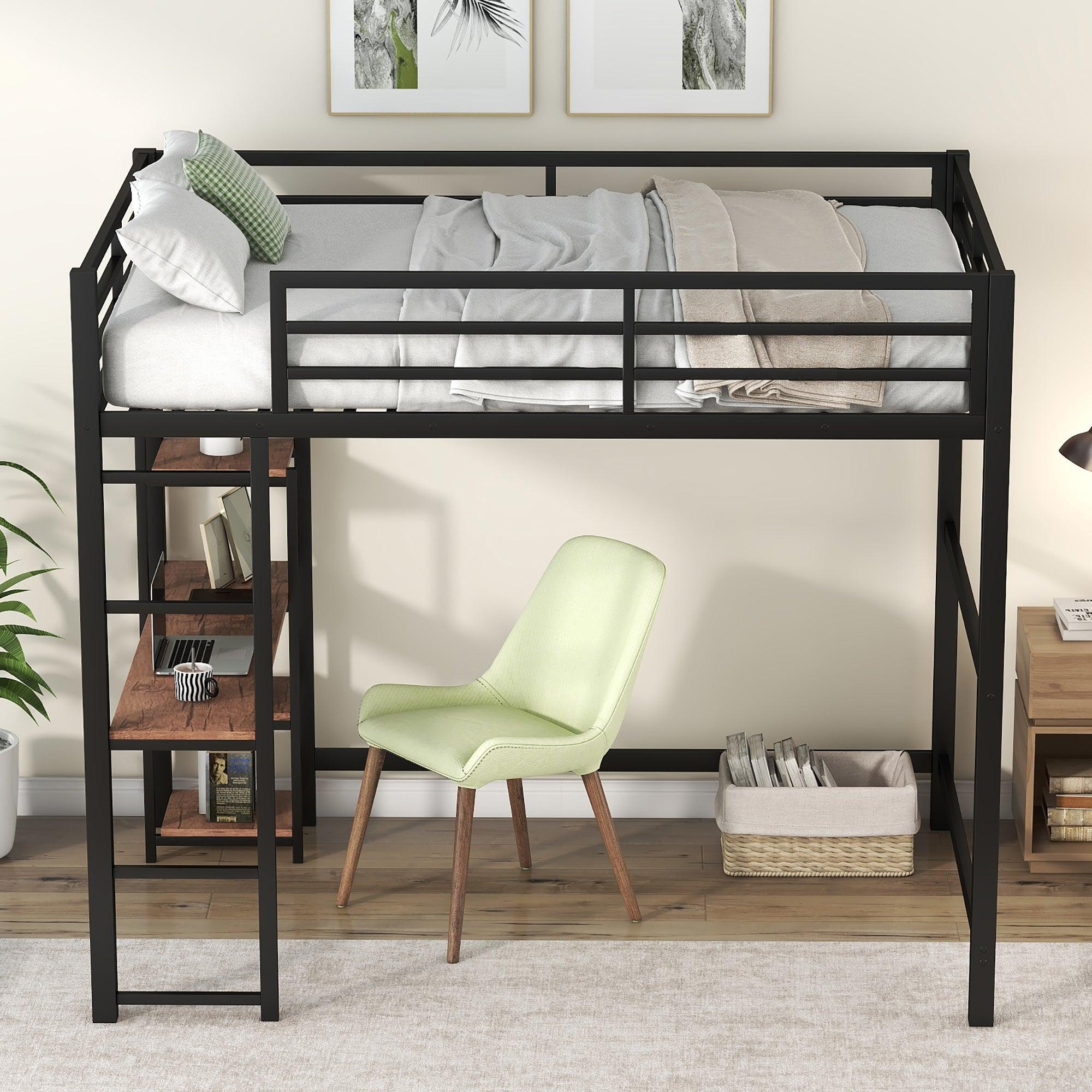🆓🚛 Full Size Metal Loft Bed With Built-in Desk and Storage Shelves, Black