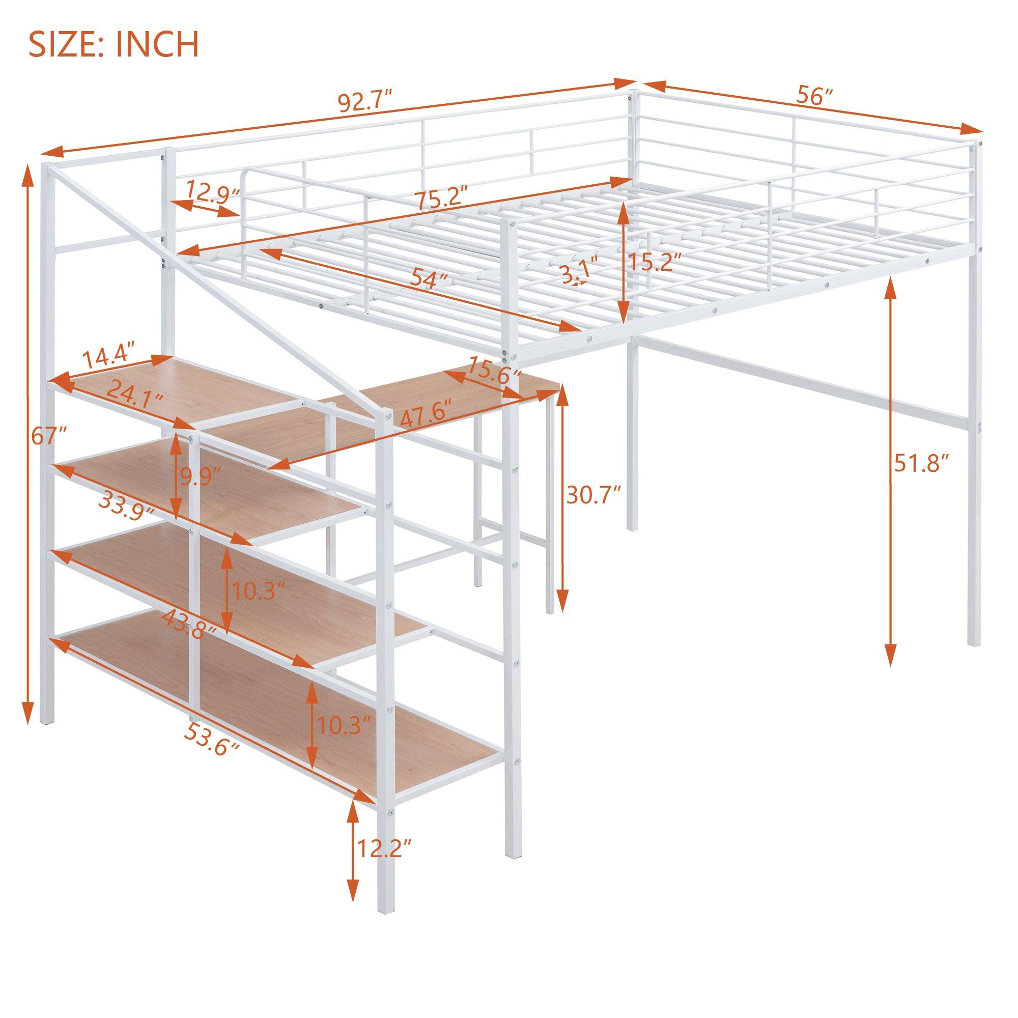 Full Size Metal Loft Bed with Desk and Lateral Storage Ladder, White