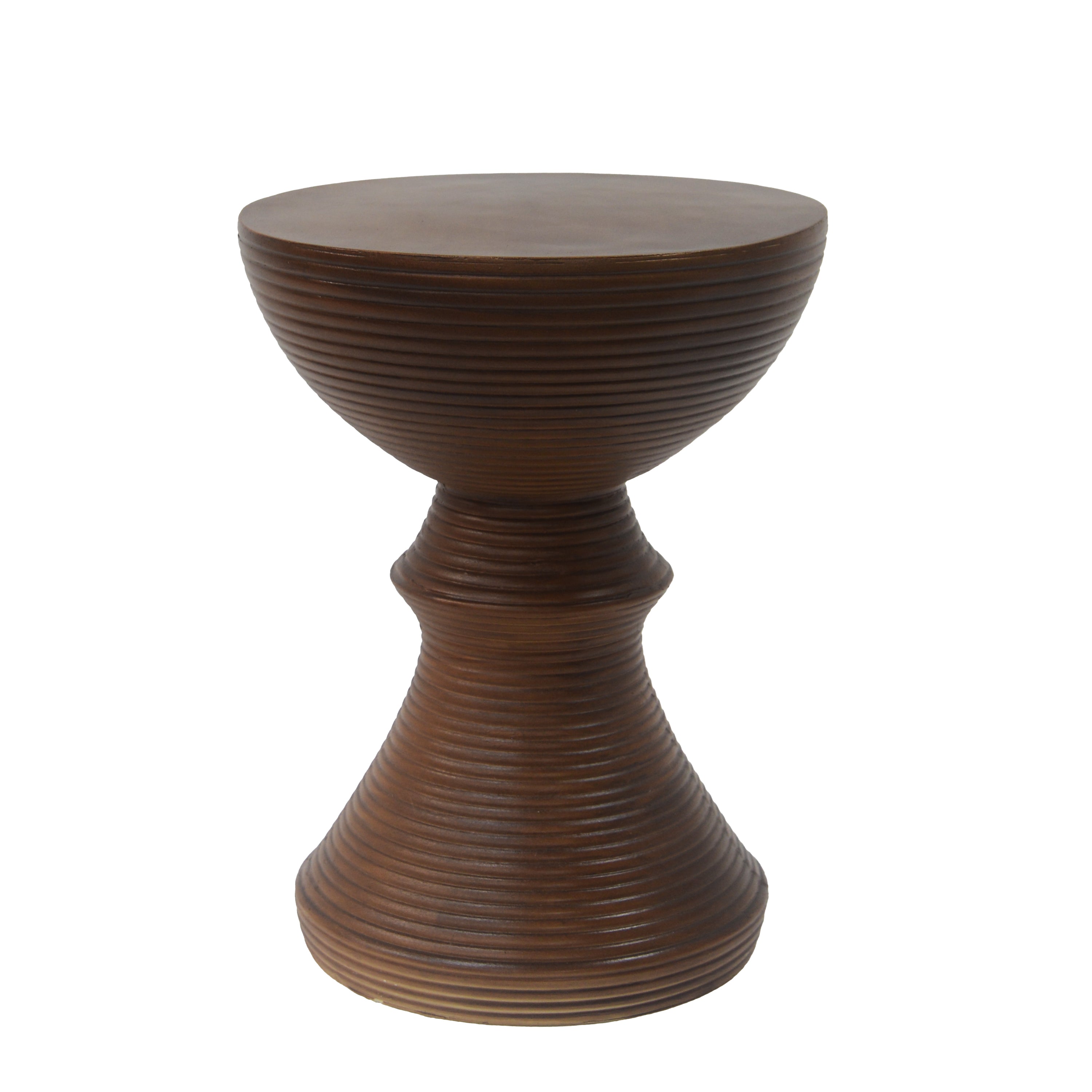 16" Ribbed Brown Concrete Outdoor Side Table With Hourglass Design – Weather-Resistant Accent for Patio, Garden, Or Balcony