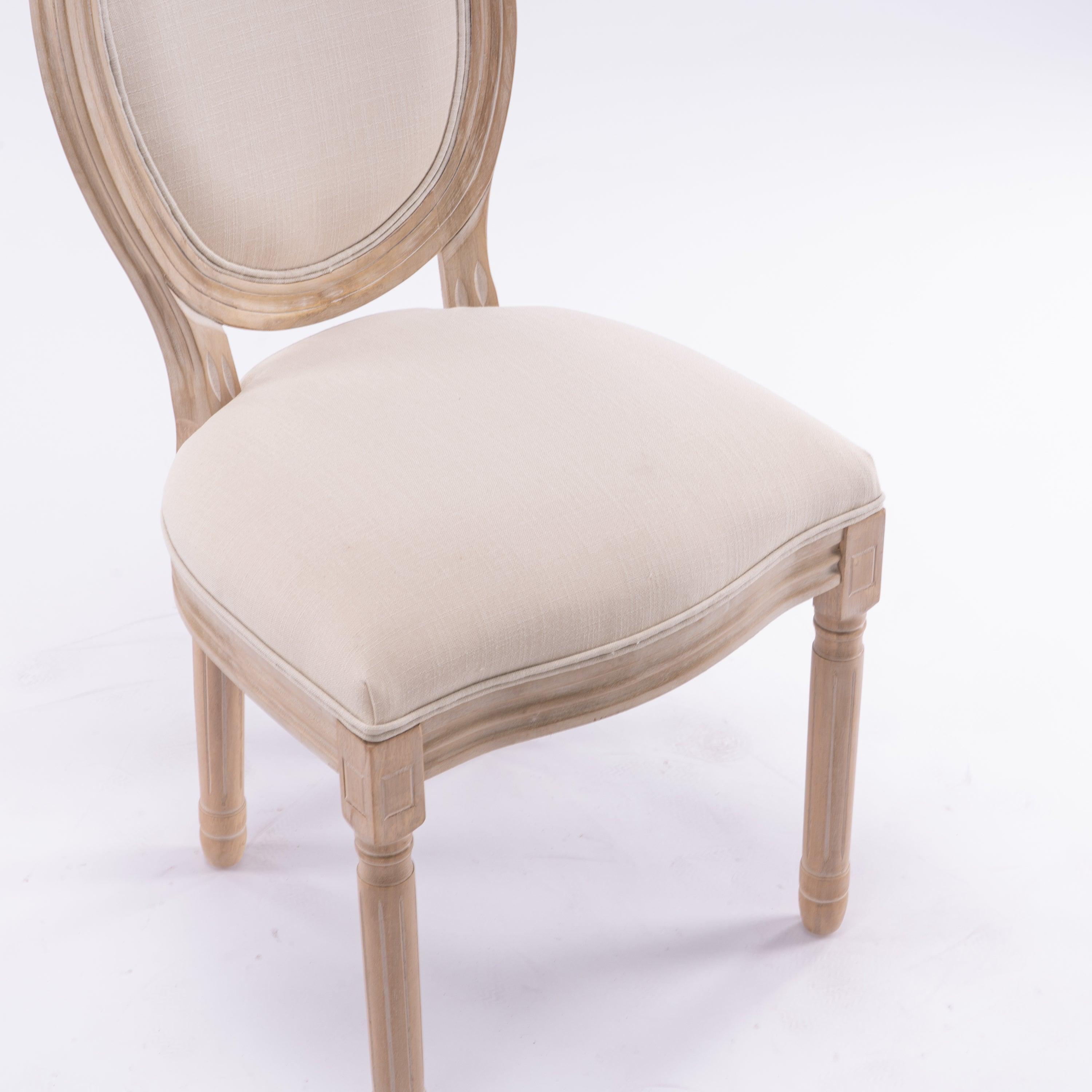 French Style Solid Wood Frame Antique Painting Linen Fabric Oval Back Dining Chair, Set of 2, Cream