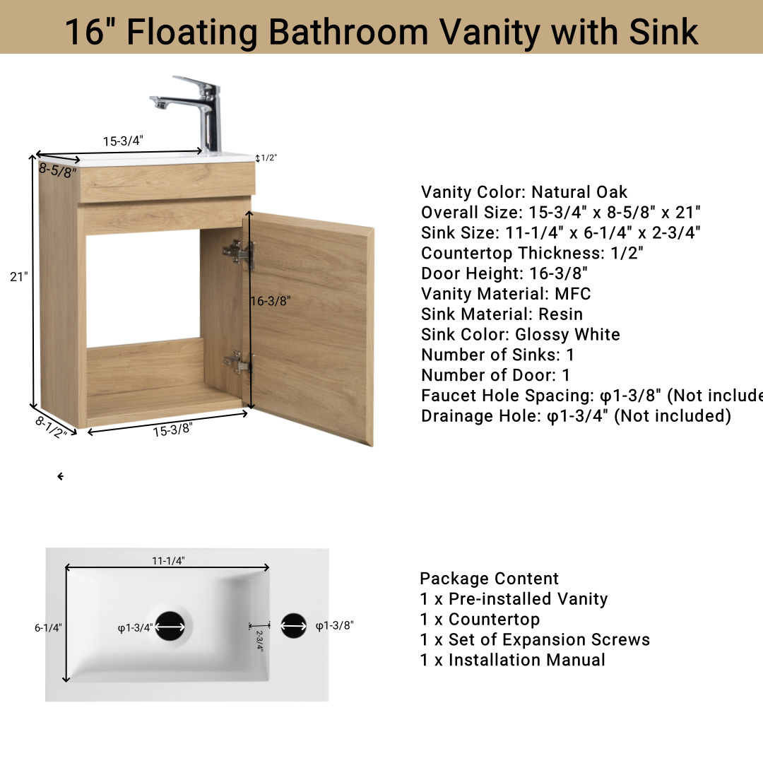 16" Floating Bathroom Vanity With Sink, Wall-Mounted Small Bathroom Storage Vanity Cabinet With Resin Top Basin and Soft Close Doors, Natural Oak 24V11-16No