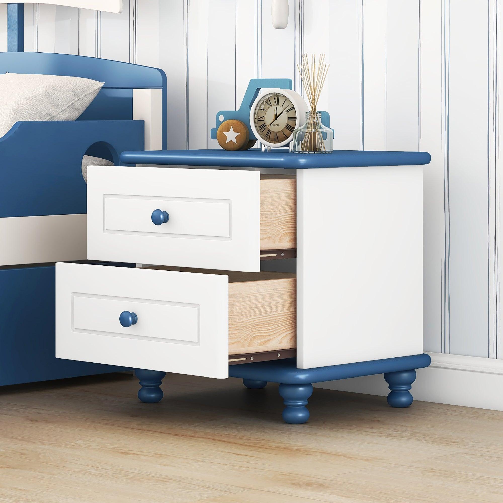 🆓🚛 Jemengro Wooden Nightstand With Two Drawers for Kids - White+Blue