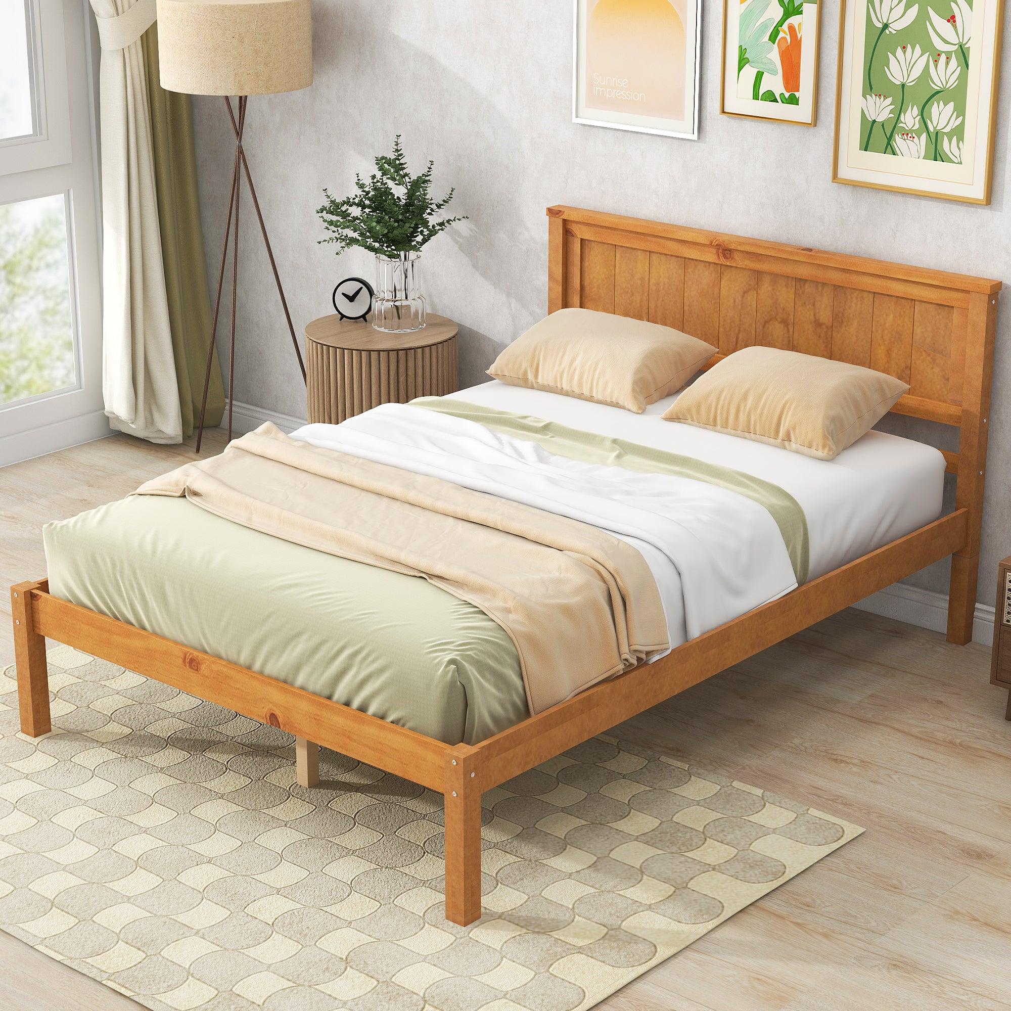 🆓🚛 Platform Bed Frame With Headboard, Wood Slat Support, No Box Spring Needed, Full, Oak