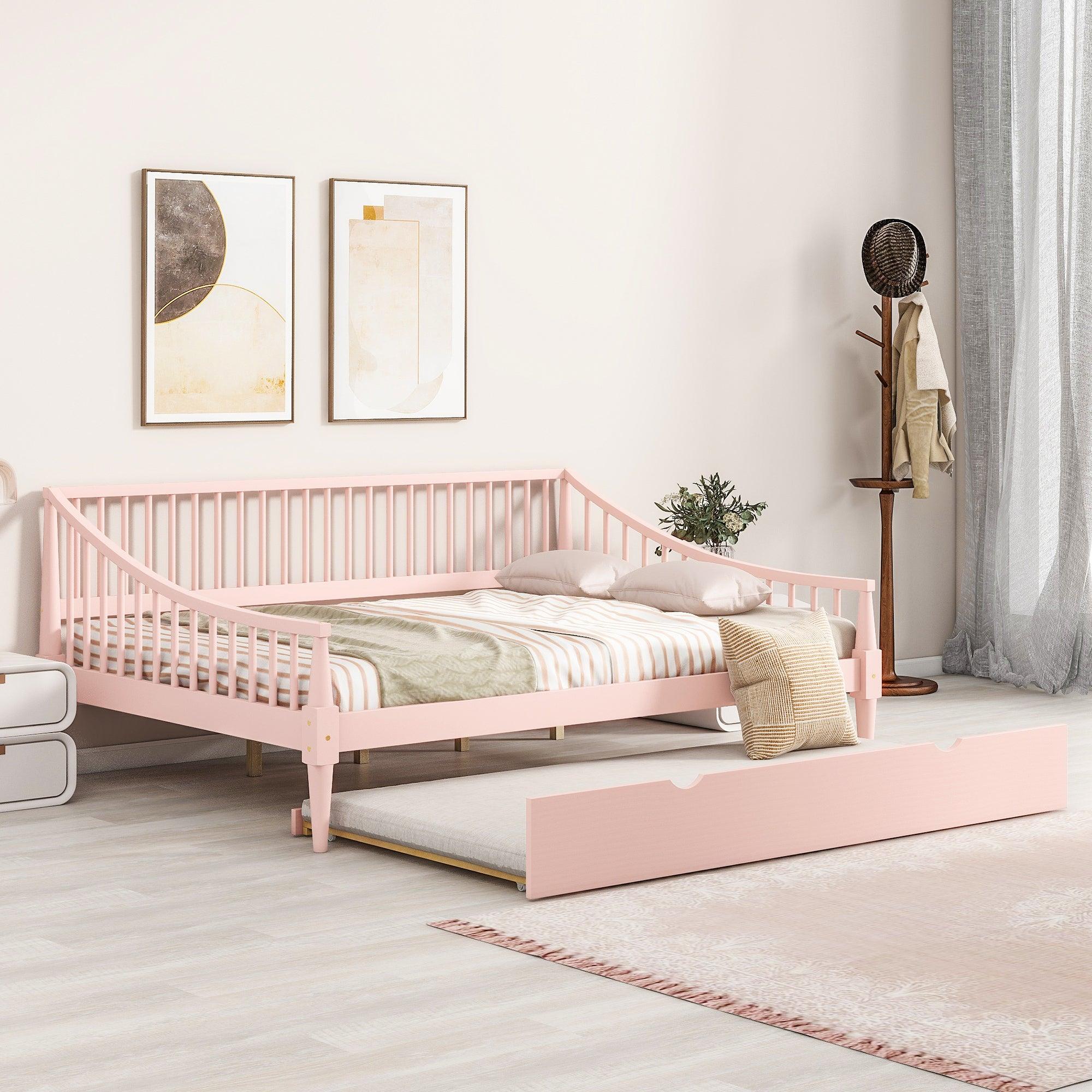 🆓🚛 Full Size Daybed With Trundle & Support Legs, Pink