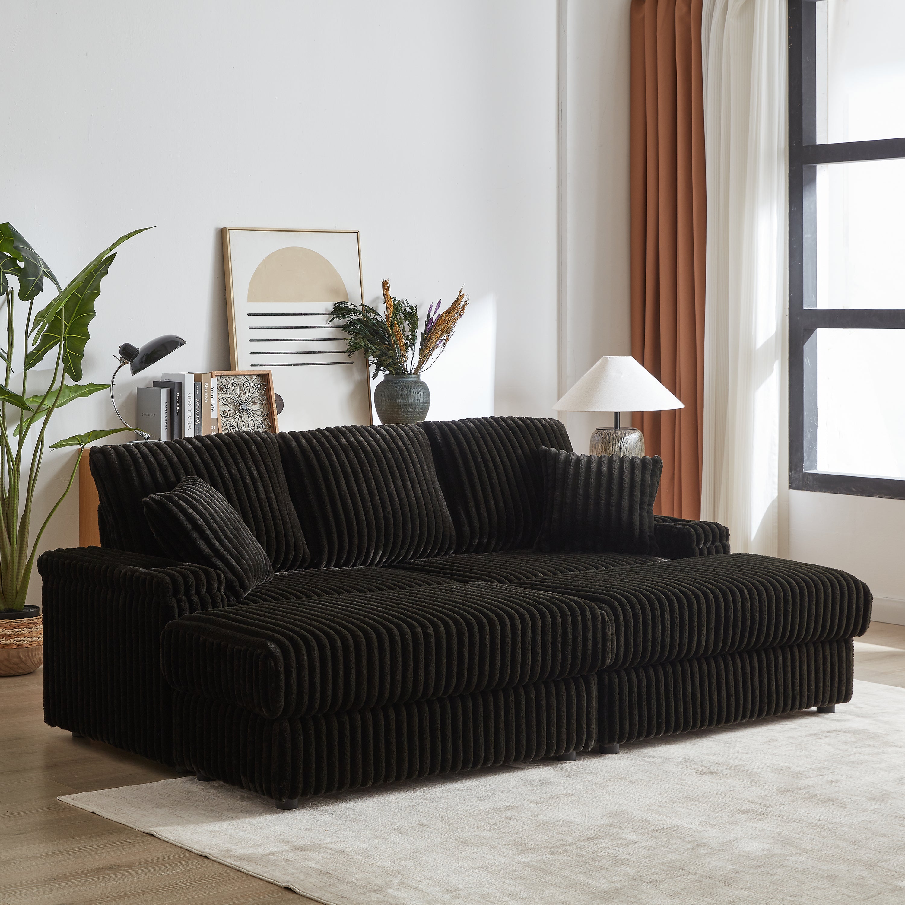 84Inch Corduroy 3-seater sofa With 3 back pillows, 2 toss pillows, 2 ottoman, 2storage spaces and cup-holding grooves Comfy Sofa- Deep Seat Couch for Living Room