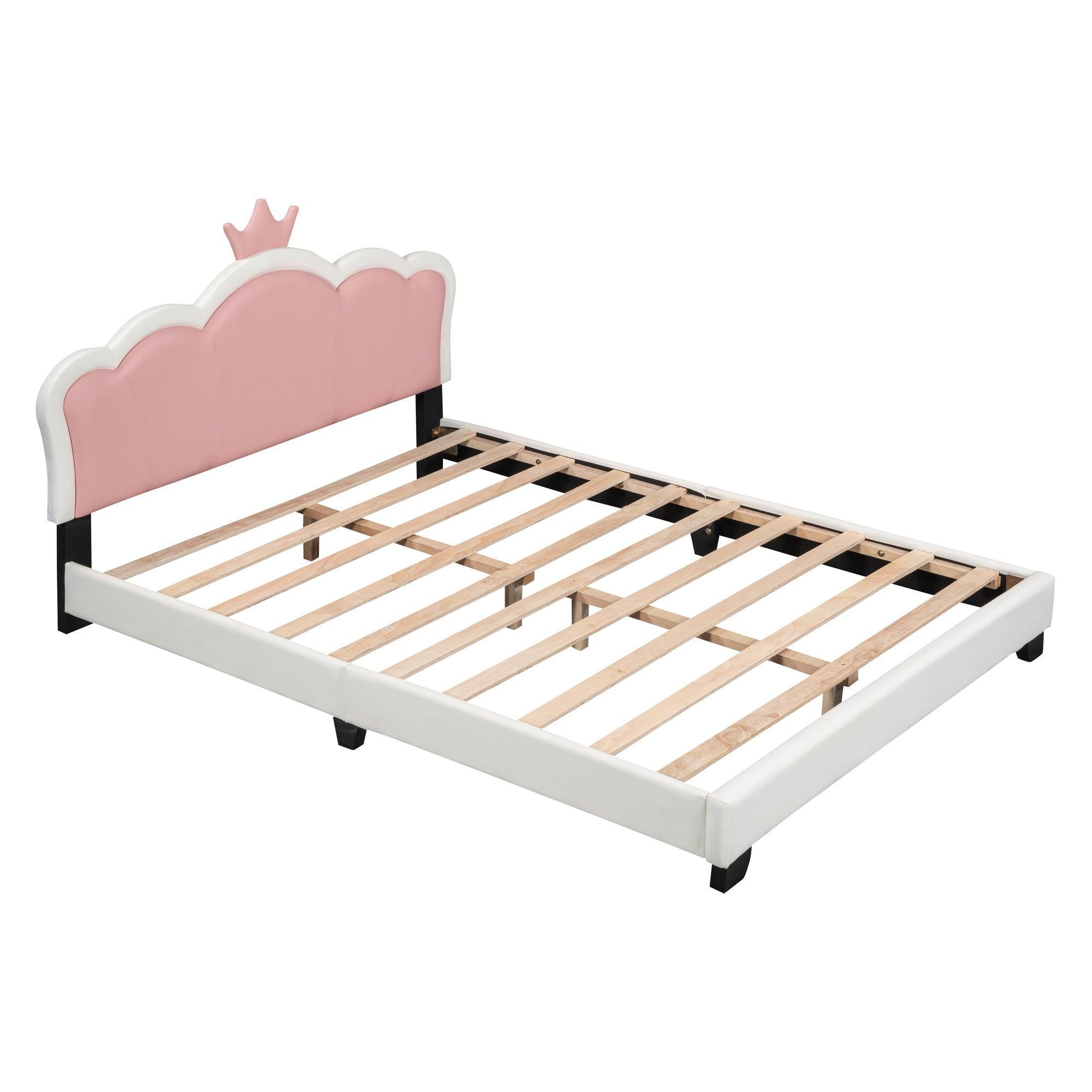 Full size Upholstered Princess Bed With Crown Headboard, Full Size Platform Bed with Headboard and Footboard, White+Pink