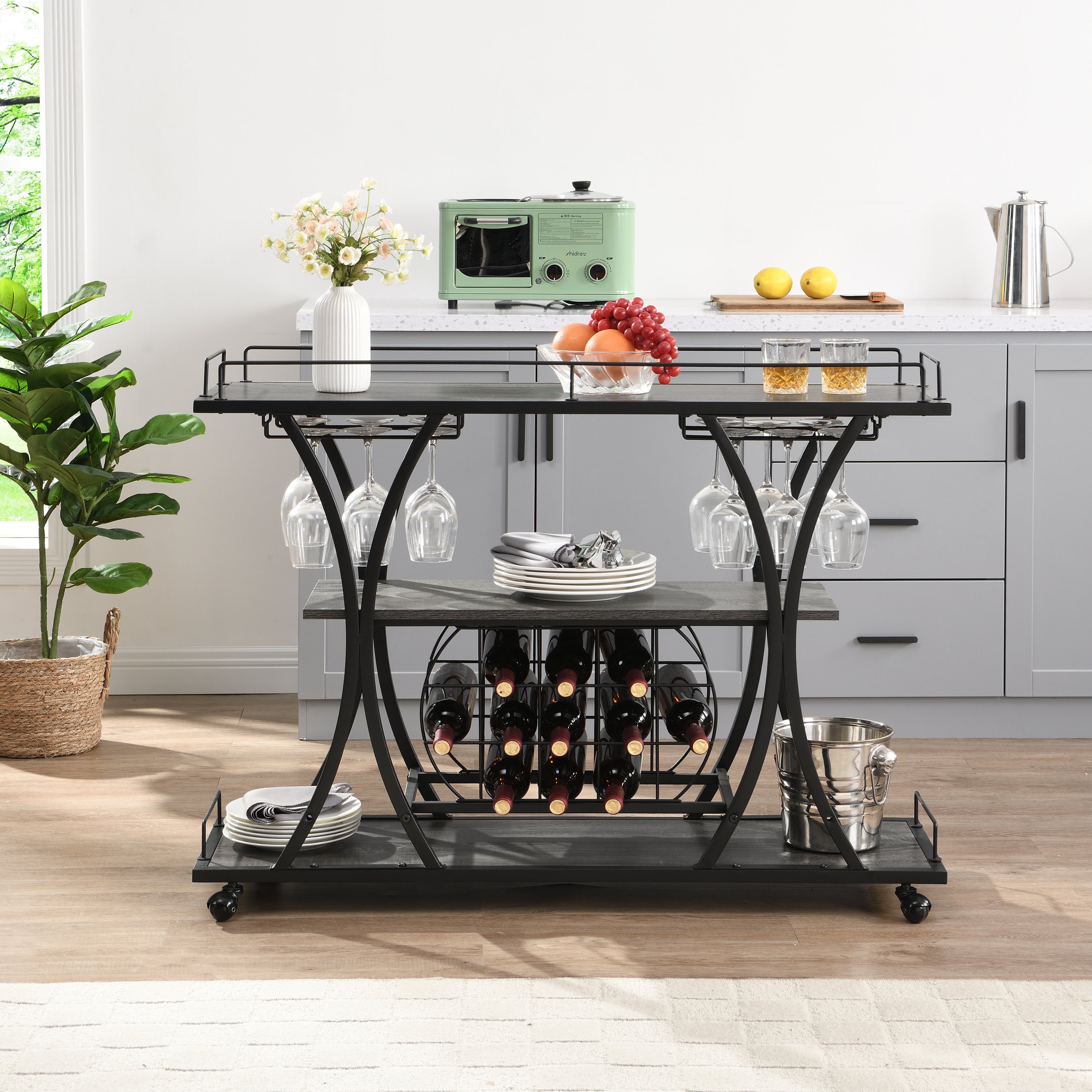 Industrial Bar Cart Kitchen Bar & Serving Cart for Home, With Wheels, 3 Tier Storage Shelves