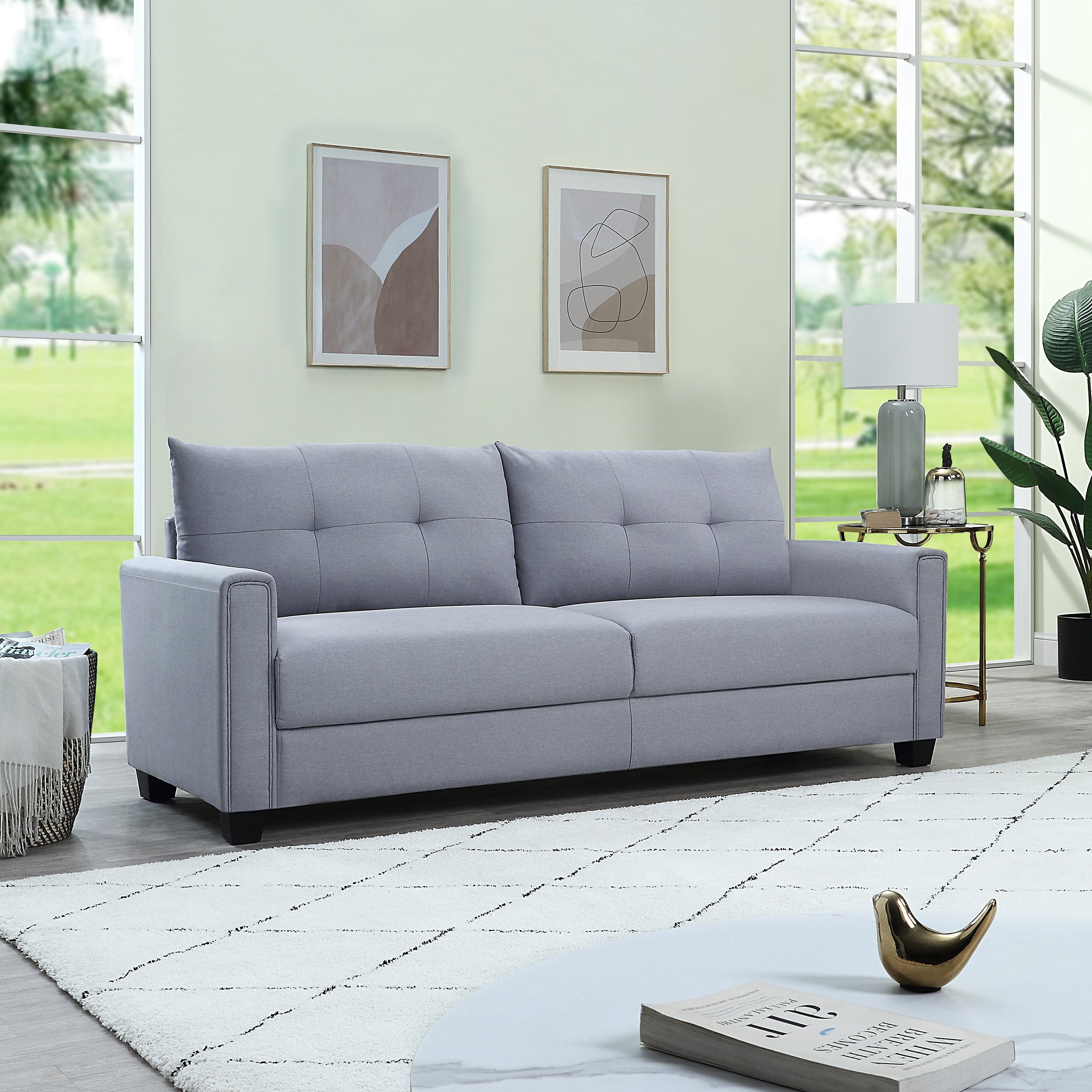 🆓🚛 81" Linen Fabric Upholstery Sofa Couch, Tufted Cushions, Easy Assembly, Light Grey