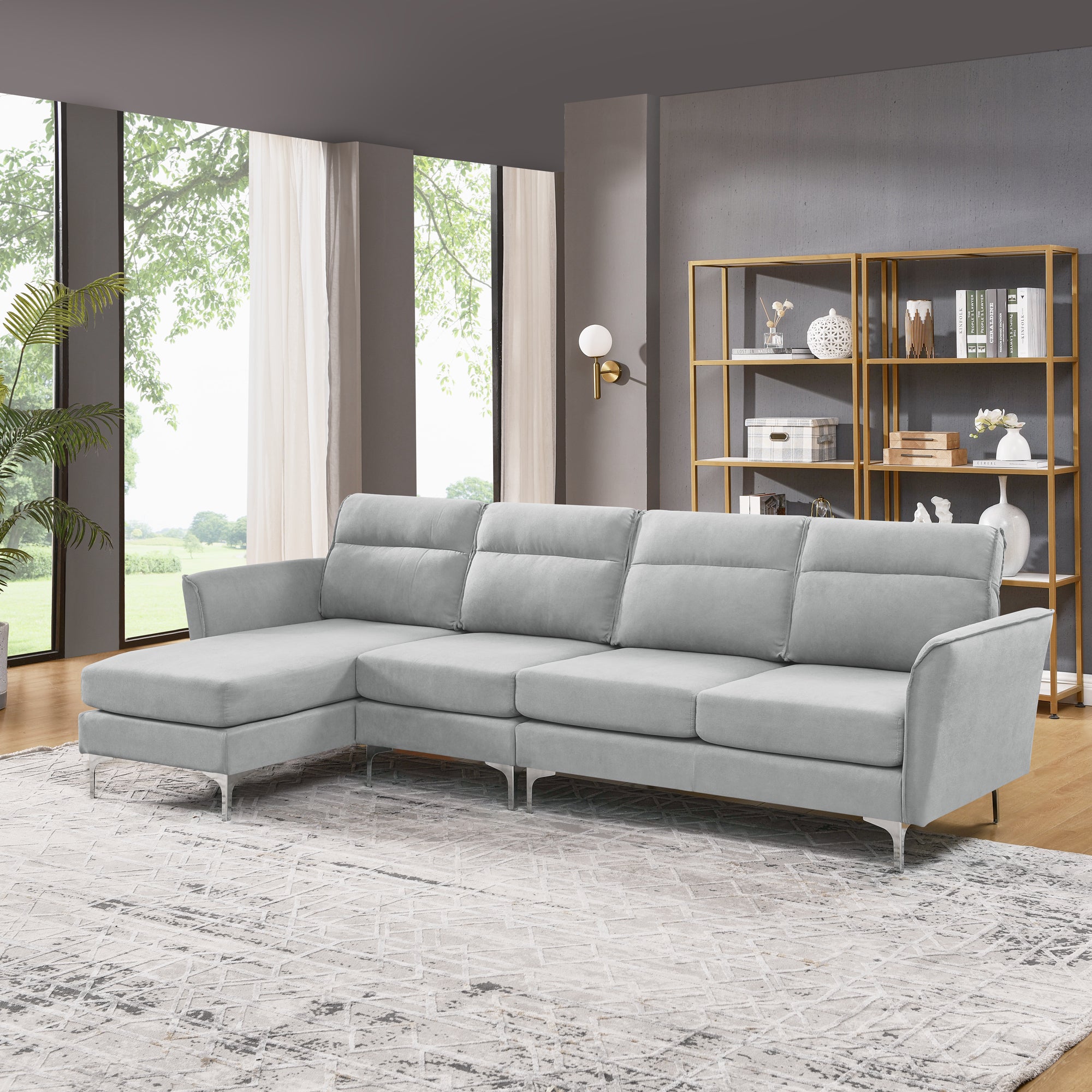 113" Modern Sofa 4-Seat Couch With Stainless Steel Trim and Metal Legs for Living Room, New Package Compression Sofa Technology, Gray