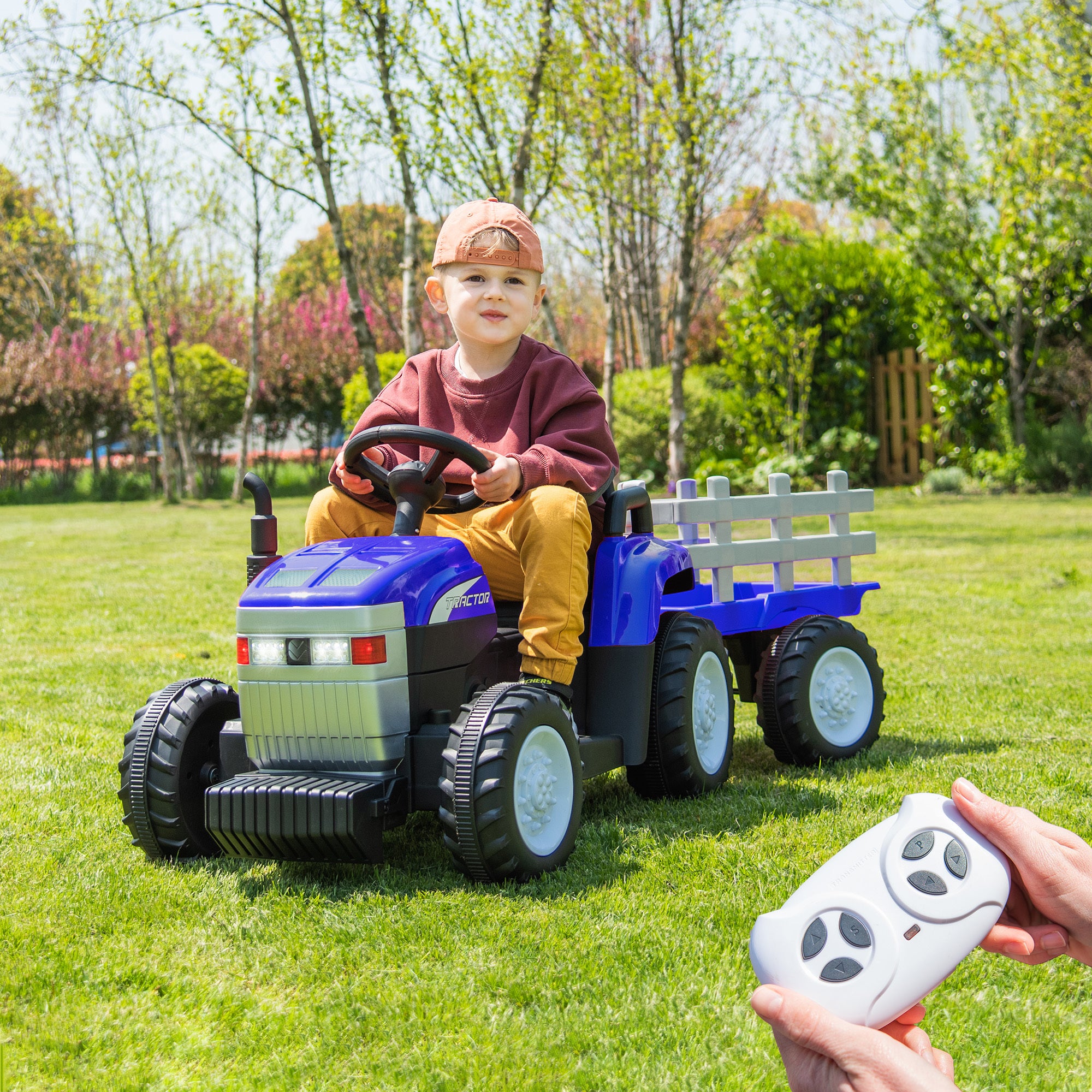 12V7AH Battery-Powered Toy Tractor with Trailer, Remote Control, Kids' Electric Excavator Vehicles with 2x35W Dual Motor, Treaded Tires, LED Lights, USB, Music, Gifts for Boy & Girl, Blue