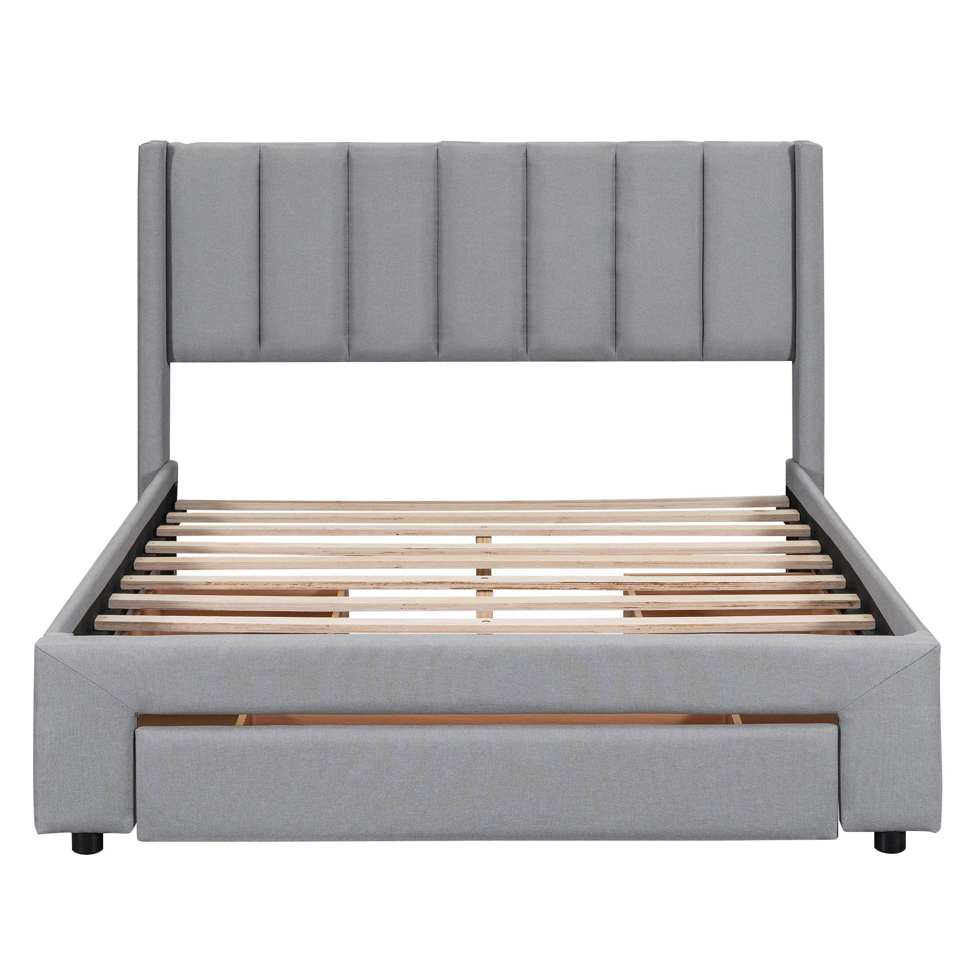 Full Size Upholstered Platform Bed with One Large Drawer in the Footboard and Drawer on Each Side, Gray