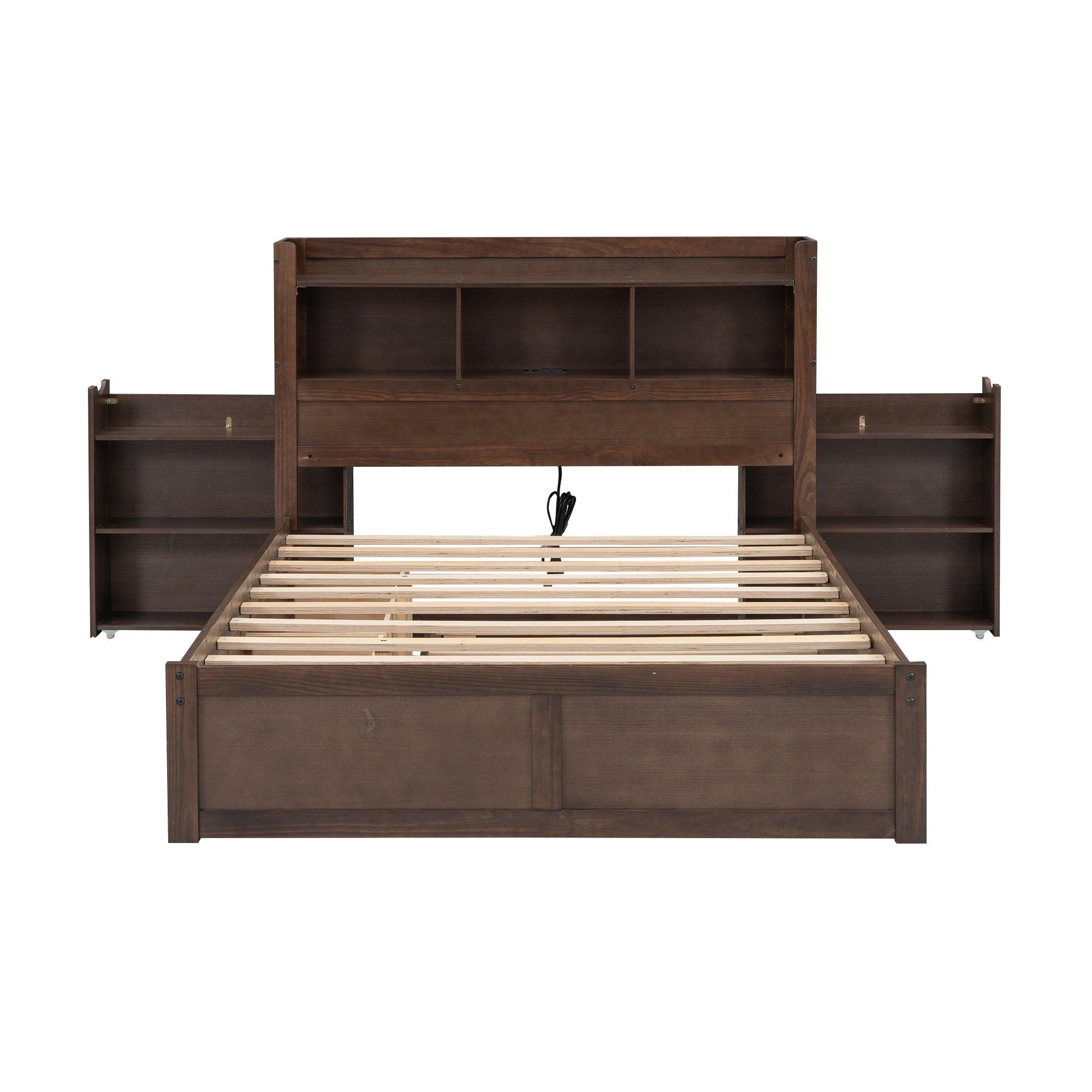 Full Size Storage Platform Bed with Pull Out Shelves, Twin Size Trundle and 2 Drawers, Espresso