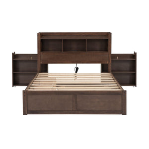 Full Size Storage Platform Bed with Pull Out Shelves, Twin Size Trundle and 2 Drawers, Espresso