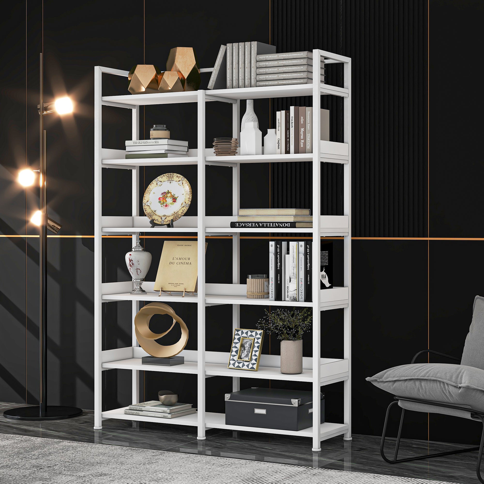 🆓🚛 70.8" Tall Bookshelf, Stainless Steel Frame, 6-Tier Shelves With Back & Side Panel, Adjustable Foot Pads, White