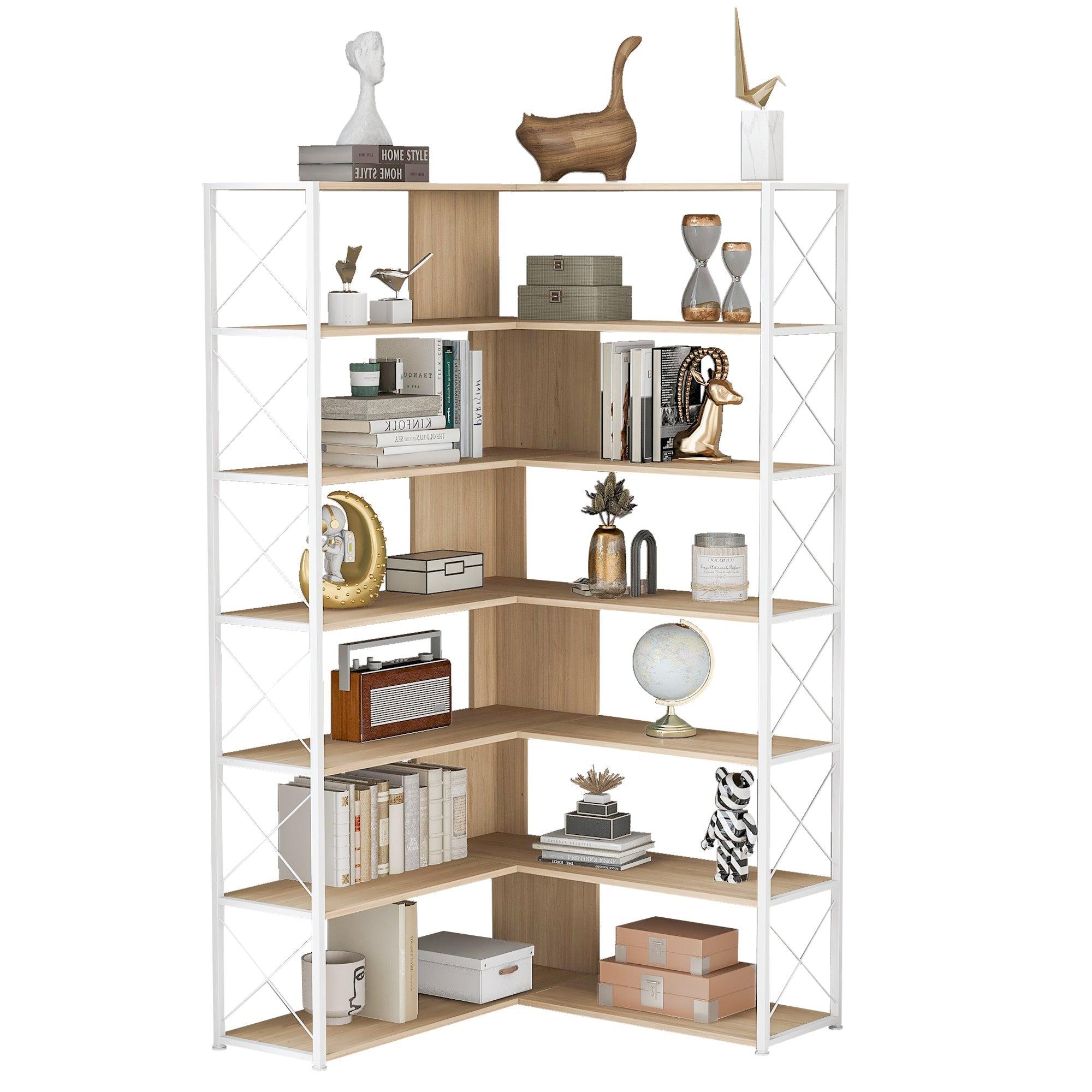 7-Tier Bookcase Home Office Bookshelf,  L-Shaped Corner Bookcase With Metal Frame, Industrial Style Shelf With Open Storage, MDF Board LamCham