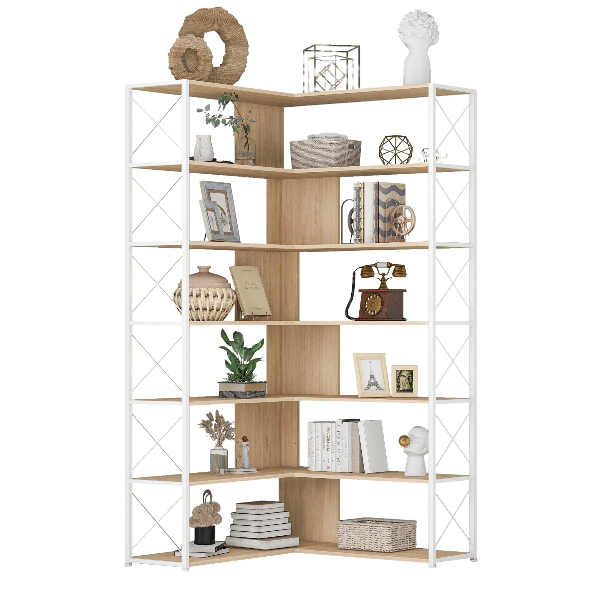 7-Tier Bookcase Home Office Bookshelf,  L-Shaped Corner Bookcase With Metal Frame, Industrial Style Shelf With Open Storage, MDF Board LamCham