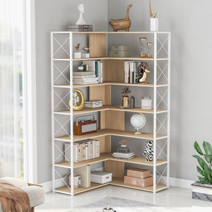 7-Tier Bookcase Home Office Bookshelf,  L-Shaped Corner Bookcase With Metal Frame, Industrial Style Shelf With Open Storage, MDF Board LamCham