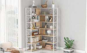 7-Tier Bookcase Home Office Bookshelf,  L-Shaped Corner Bookcase With Metal Frame, Industrial Style Shelf With Open Storage, MDF Board LamCham