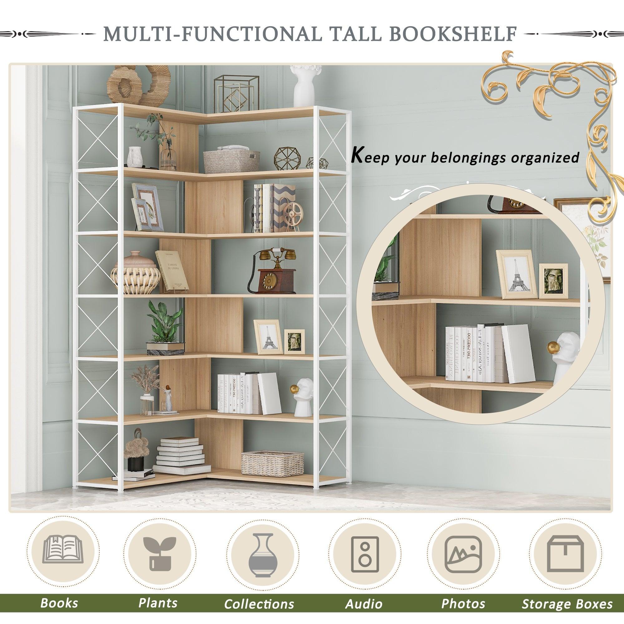 7-Tier Bookcase Home Office Bookshelf,  L-Shaped Corner Bookcase With Metal Frame, Industrial Style Shelf With Open Storage, MDF Board LamCham