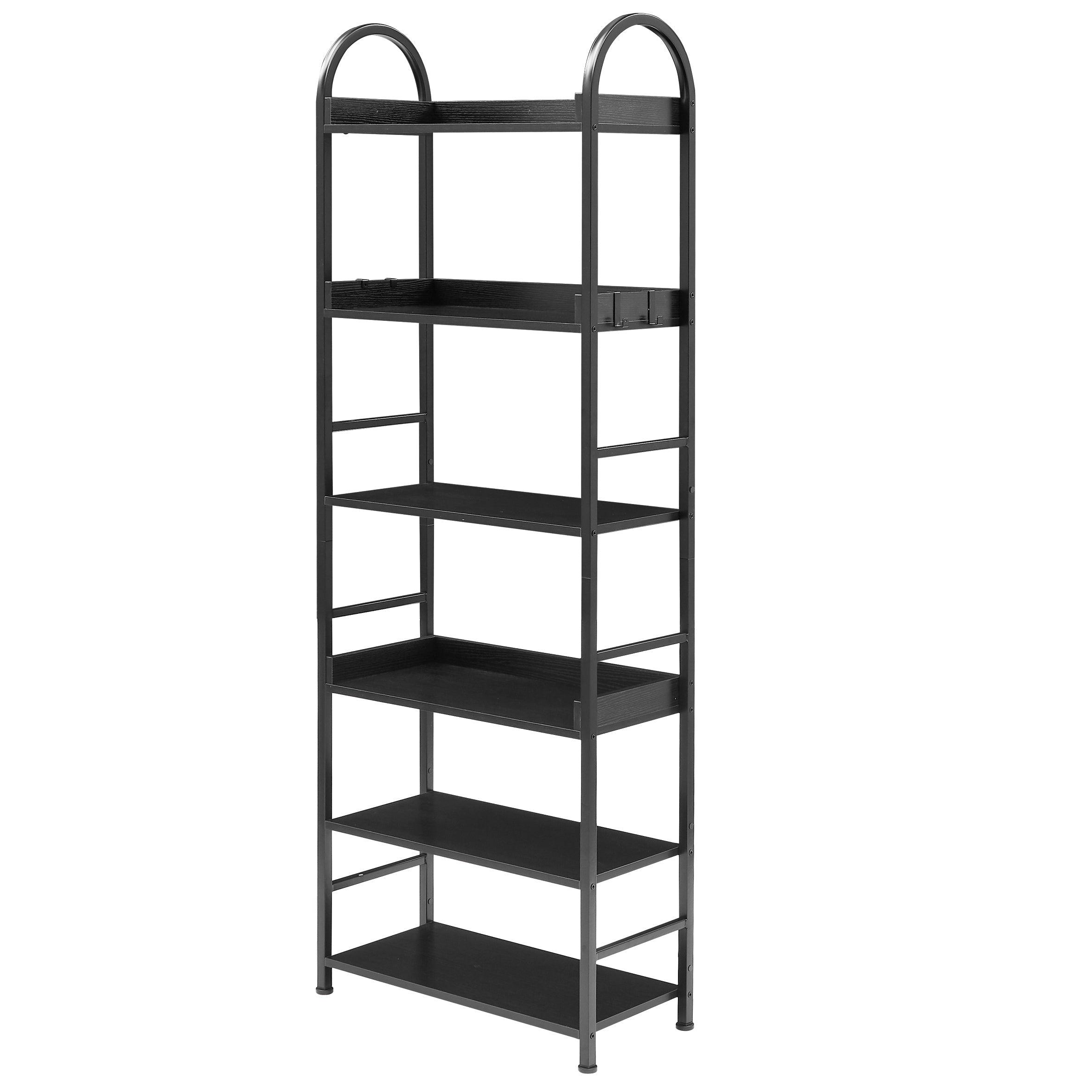 70.8 Inch Tall Bookshelf, 6-Tier Shelves With Round Top Frame, MDF Boards, Adjustable Foot Pads, Black LamCham
