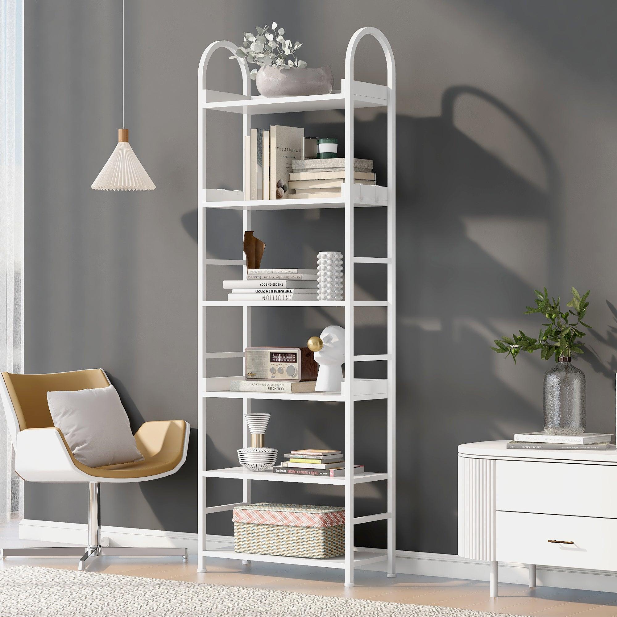 70.8 Inch Tall Bookshelf, 6-Tier Shelves With Round Top Frame, MDF Boards, Adjustable Foot Pads, White LamCham
