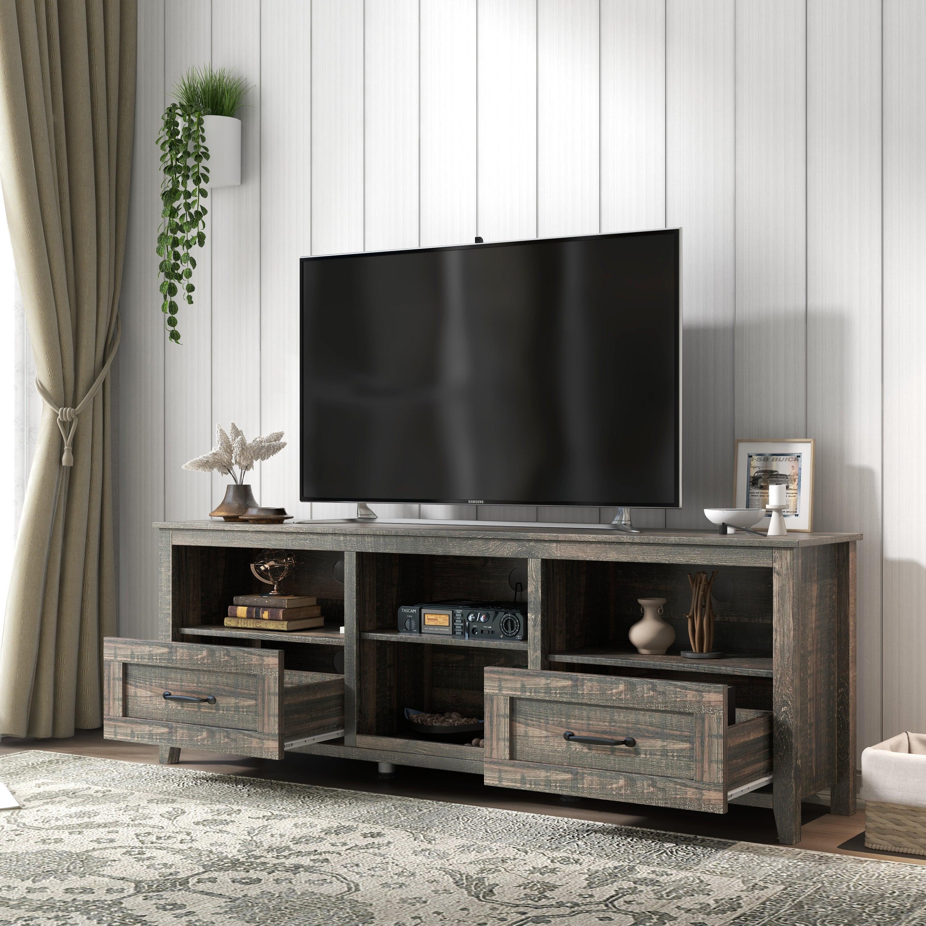 70 Inch Length TV Stand for Living Room and Bedroom, with 2 Drawers and 4 High-Capacity Storage Compartment, Black Pine LamCham