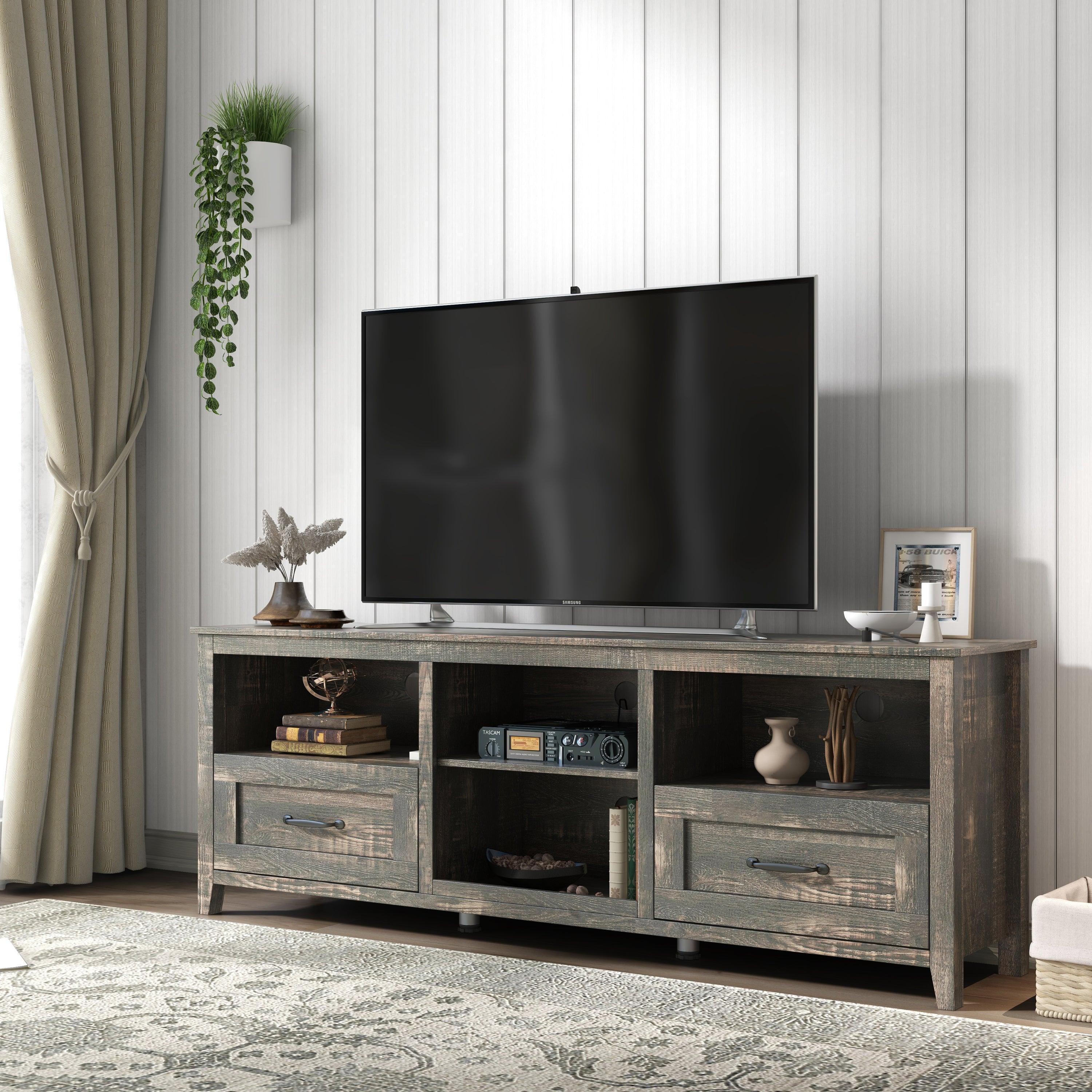 70 Inch Length TV Stand for Living Room and Bedroom, with 2 Drawers and 4 High-Capacity Storage Compartment, Black Pine LamCham