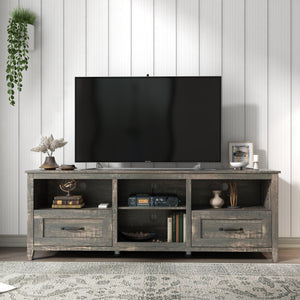 70 Inch Length TV Stand for Living Room and Bedroom, with 2 Drawers and 4 High-Capacity Storage Compartment, Black Pine LamCham