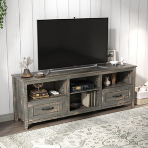 70 Inch Length TV Stand for Living Room and Bedroom, with 2 Drawers and 4 High-Capacity Storage Compartment, Black Pine LamCham