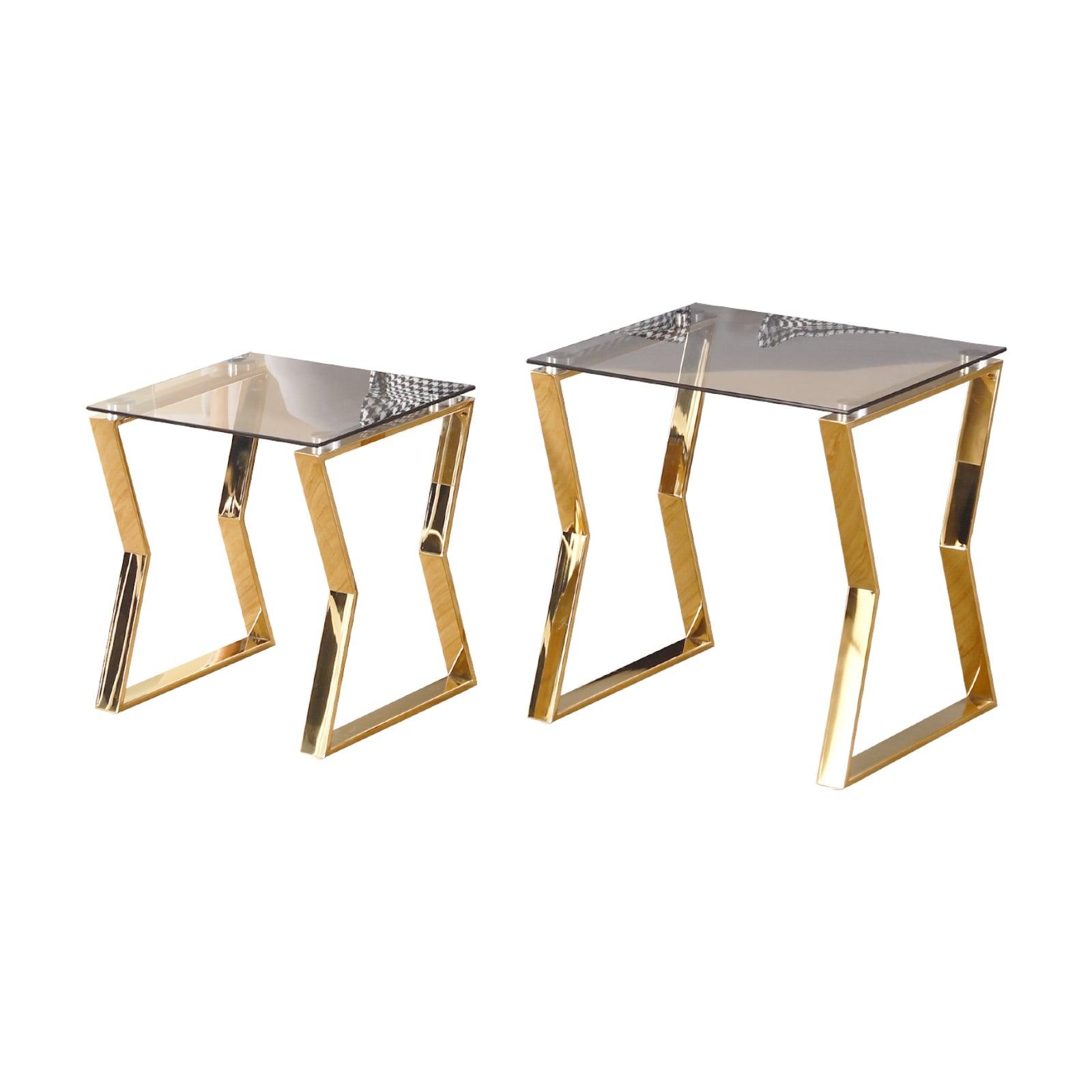 🆓🚛 Nesting End Table Set Of 2 With Gray Tempered Glass Table Set for Living Room, Gold