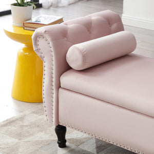 63" Velvet Multifunctional Storage Rectangular Sofa Stool Buttons Tufted Nailhead Trimmed Solid Wood Legs with 1 Pillow, Light Pink