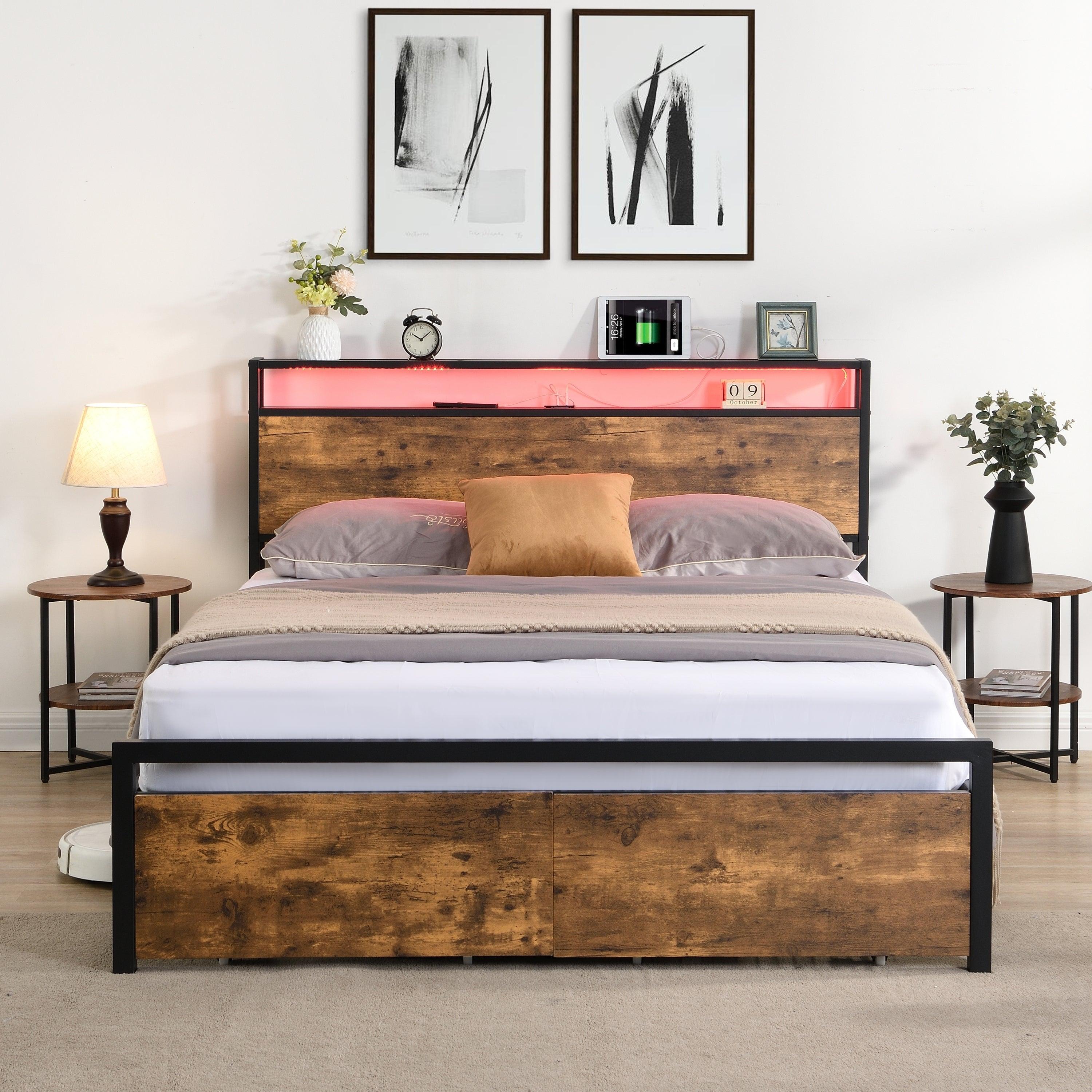 Full Size Bed Frame with Storage Headboard and 2 Drawers, LED Lights Bed with Charging Station, Metal Platform Bed No Noise