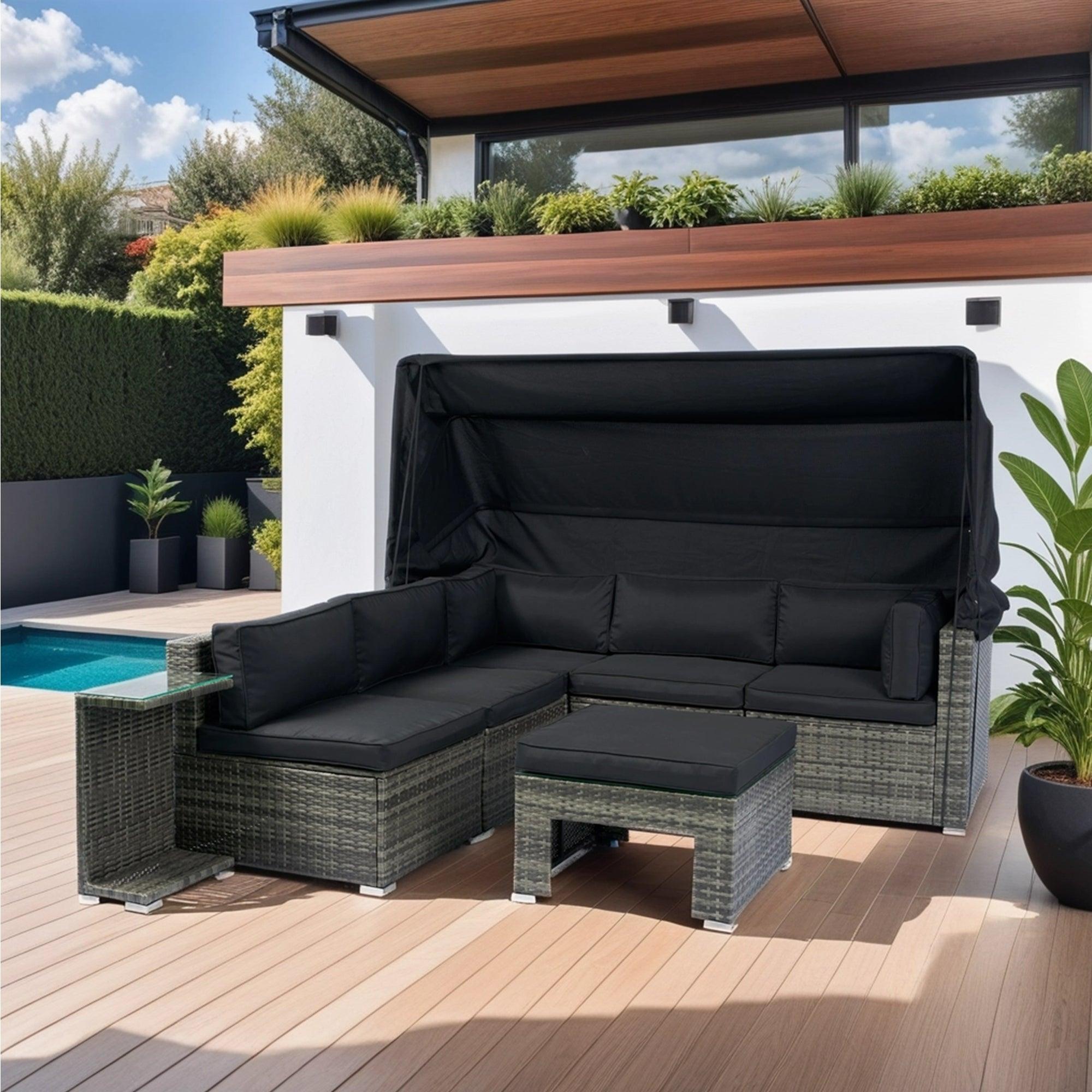 🆓🚛 7-Piece Patio Furniture Set w/Retractable Canopy Wicker Rattan Sectional Sofa Set Patio Furniture with Washable Cushions, Gray wicker + Black Cushion