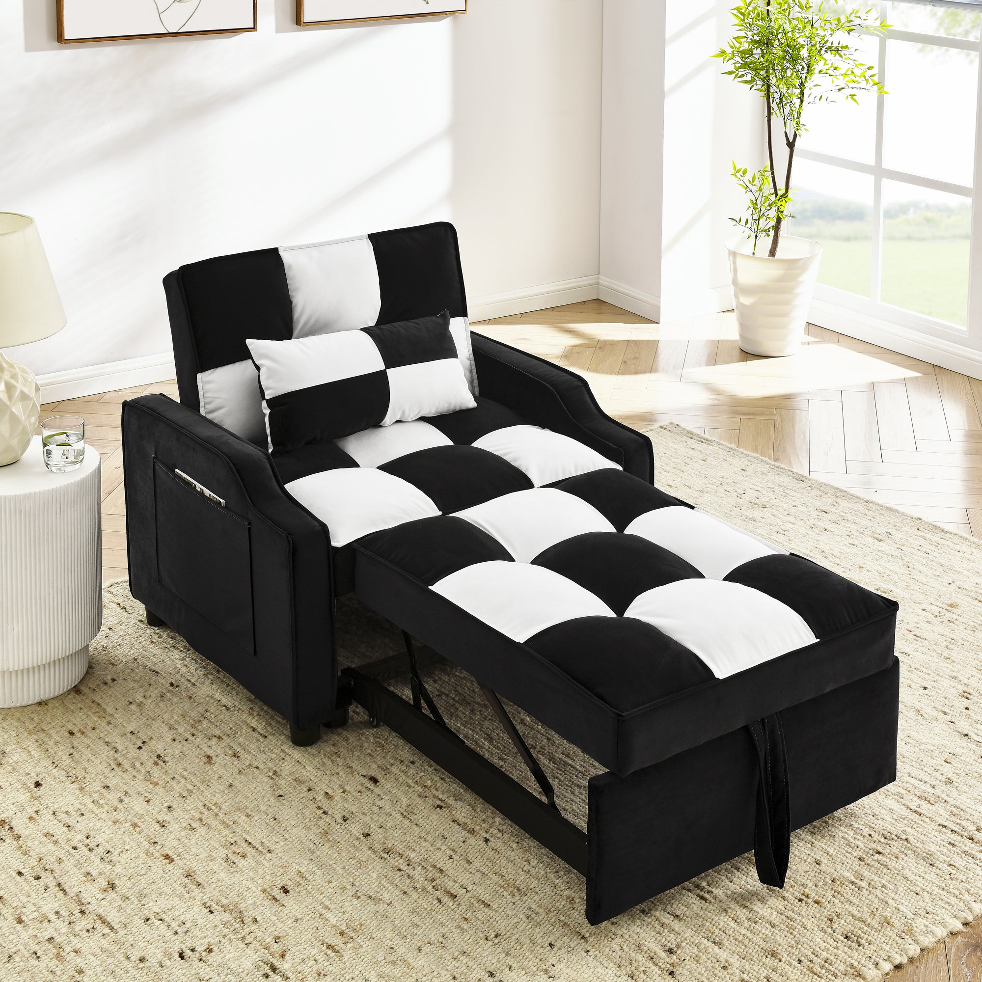 Modern Velvet Armchair Sofa Couch Pull Out Bed, 3 In One Convertible for Living Room Sofa Bed, Black & White (Chess Board)