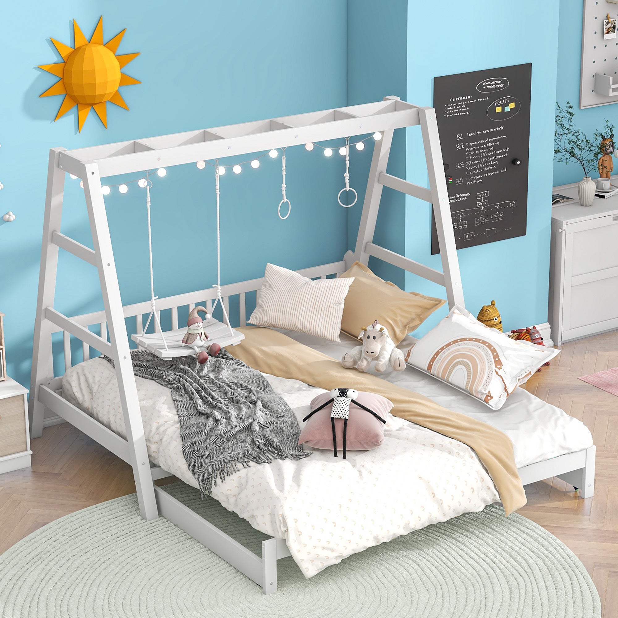 🆓🚛 Extendable Twin Daybed With Swing and Ring Handles, White (Twin Bed Can Be Pulled Out To Be King)