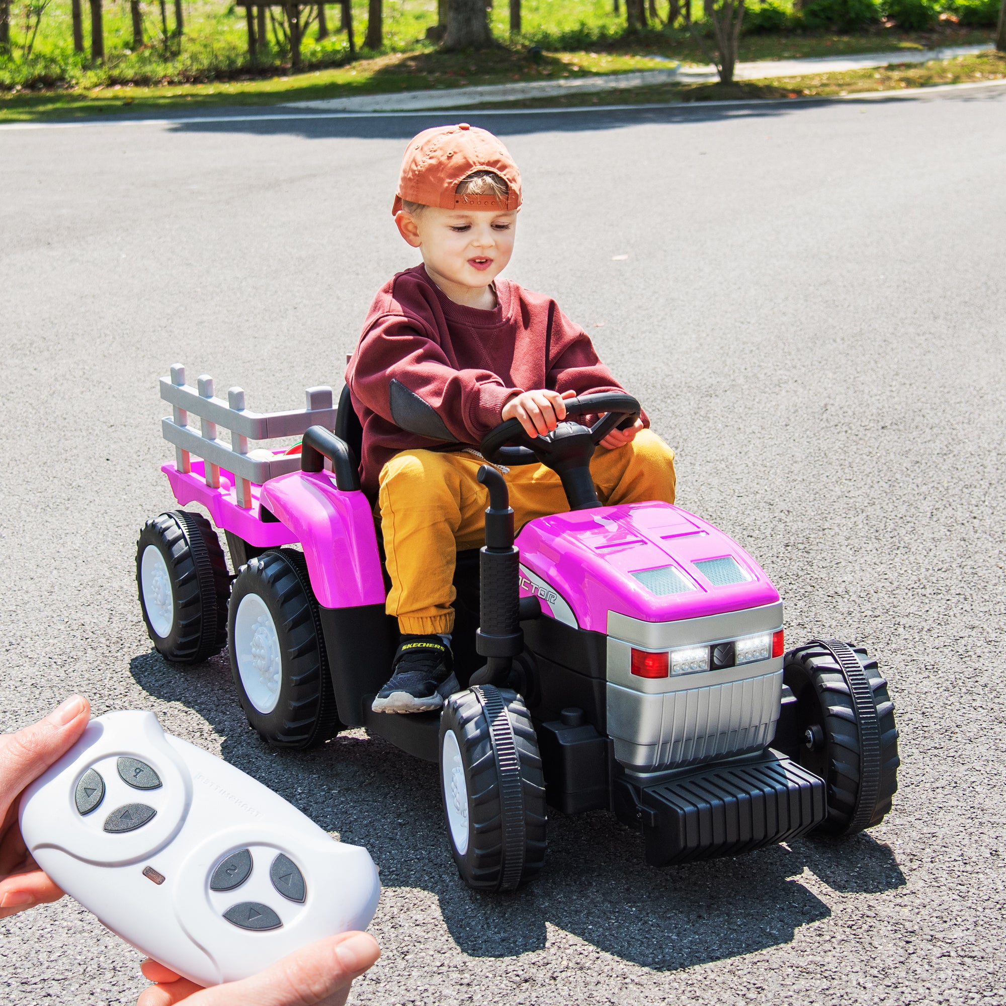 🆓🚛 12V7Ah Battery-Powered Toy Tractor With Trailer, Remote Control, Kids' Electric Excavator Vehicles With 2X35W Dual Motor, Treaded Tires, Led Lights, Usb, Music, Safety Belt, Pink