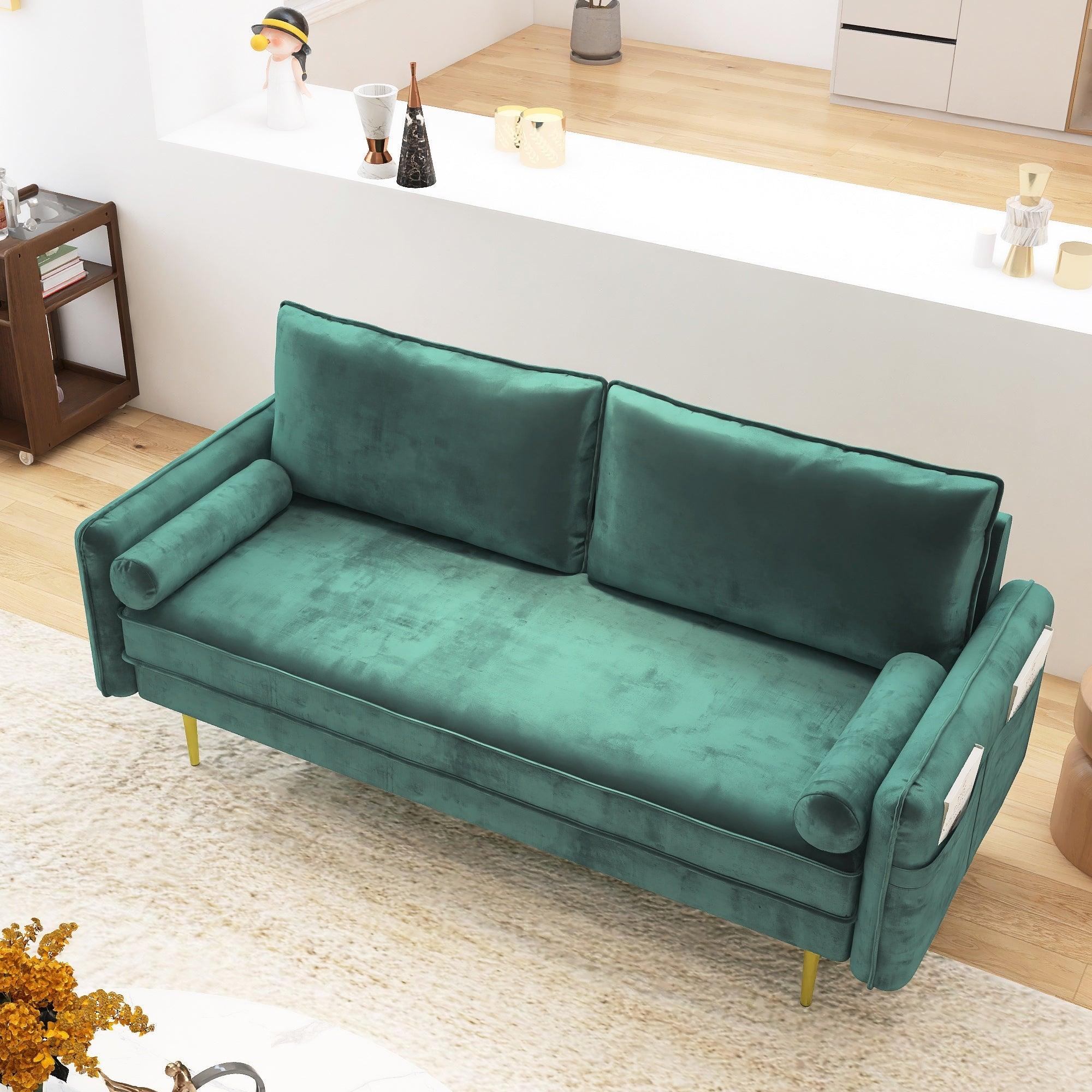71'' W Velvet  Sofa, Mid century couch with bolster pillow, Green LamCham