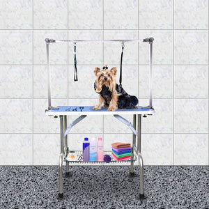 Folding Pet Grooming Table Stainless Legs and Arms Black Rubber Top Storage Basket