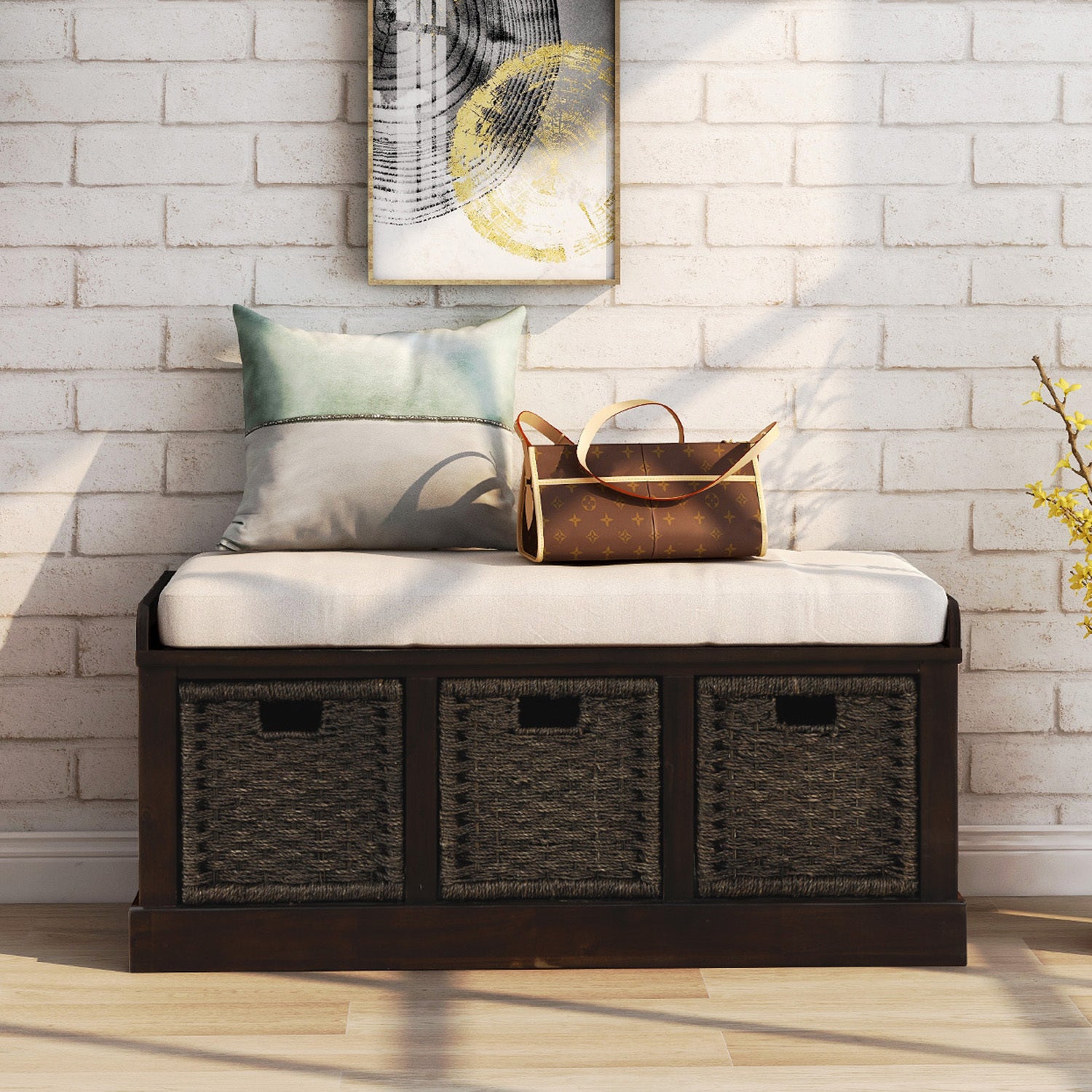 🆓🚛 Rustic Storage Bench With 3 Removable Classic Rattan Basket, Entryway Bench With Removable Cushion (Espresso)