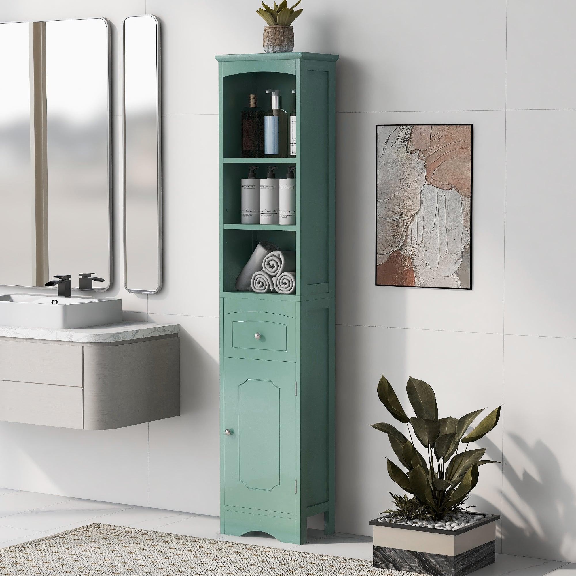 🆓🚛 Tall Bathroom Cabinet, Freestanding Storage Cabinet With Drawer, Adjustable Shelf, Green