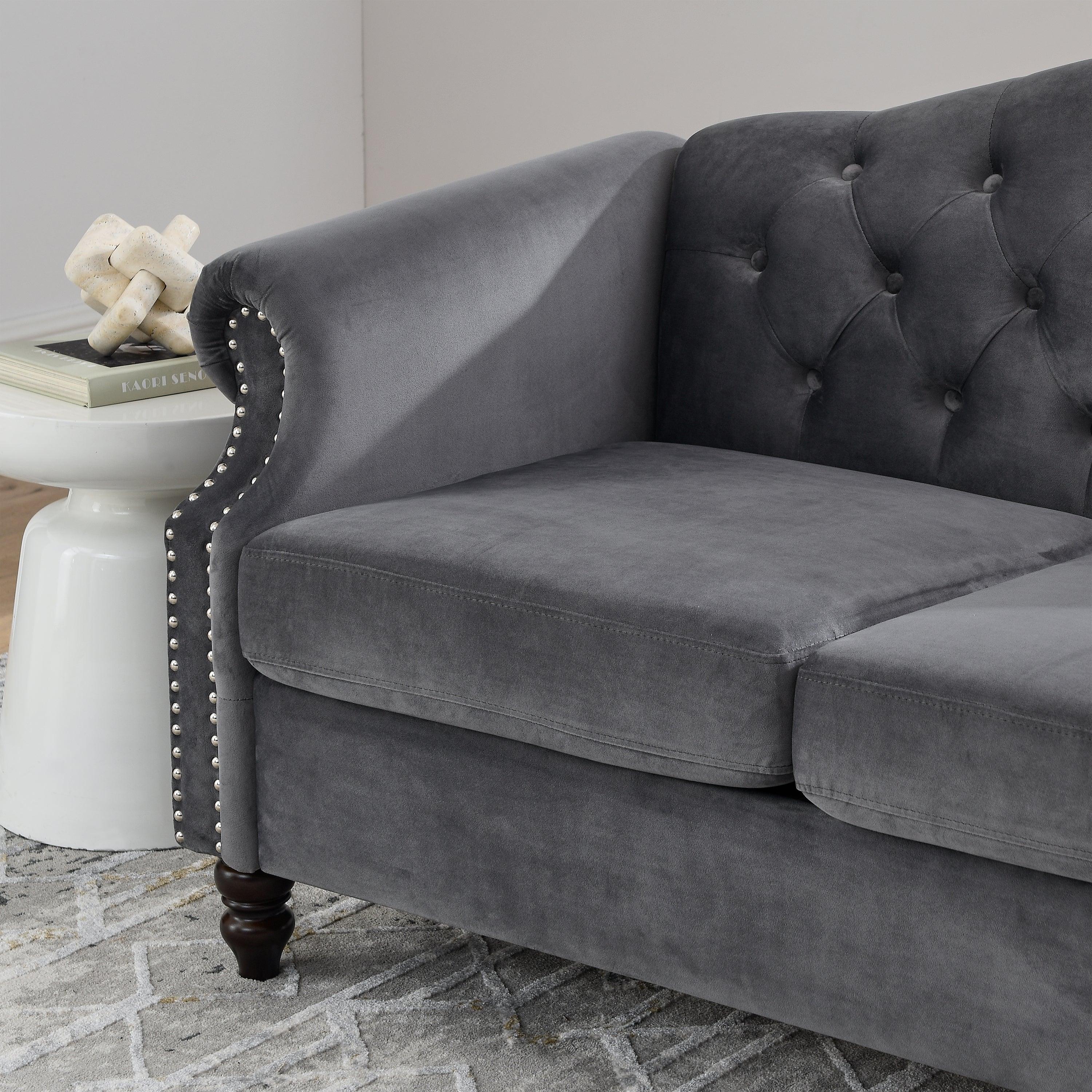 57" Chesterfield Sofa Grey Velvet for Living Room, 2 Seater Sofa Tufted Couch with Rolled Arms and Nailhead, with 2 Pillows