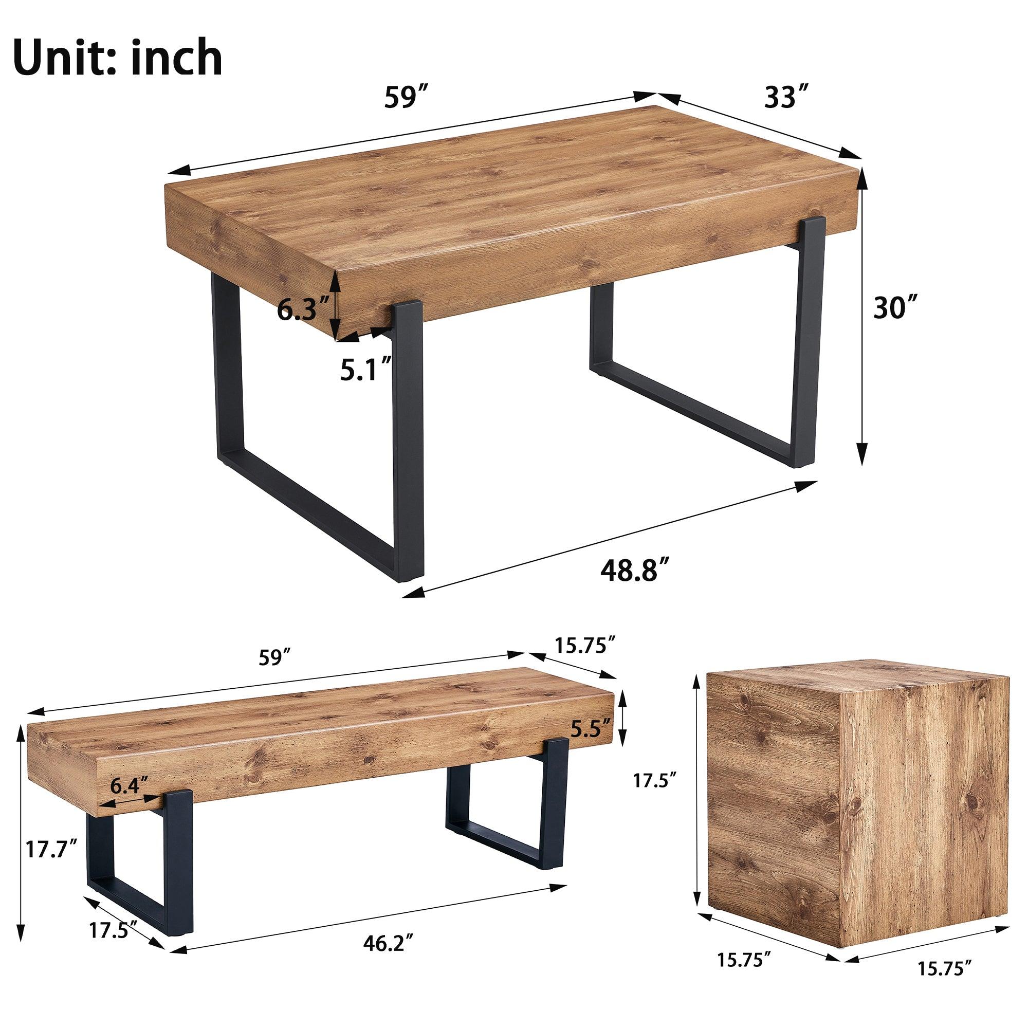 🆓🚛 4-Piece Dining Table Set for 4-6 People, 59" Kitchen Table Set With 1 Bench & 2 Square Stools, Dining Room Table With Heavy-Duty Frame, Easy Assembly, Natural Wood Wash