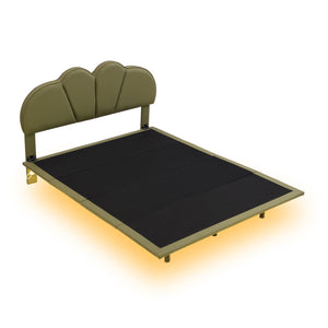 Full Size Upholstery Platform Bed with PU Leather Headboard and Support Legs, Underbed LED Light, Green