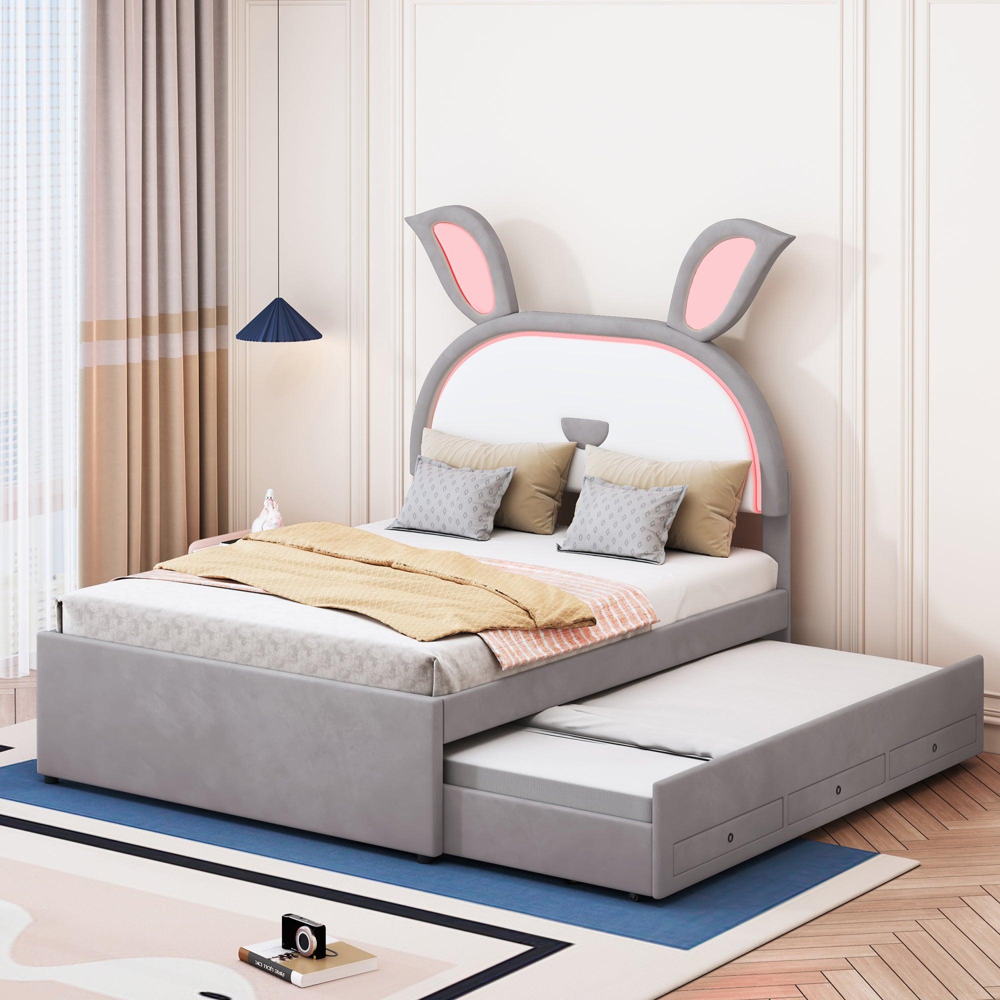 🆓🚛 Full Size Upholstered Platform Bed With Trundle and 3 Drawers, Rabbit-Shaped Headboard With Embedded Led Lights, Gray