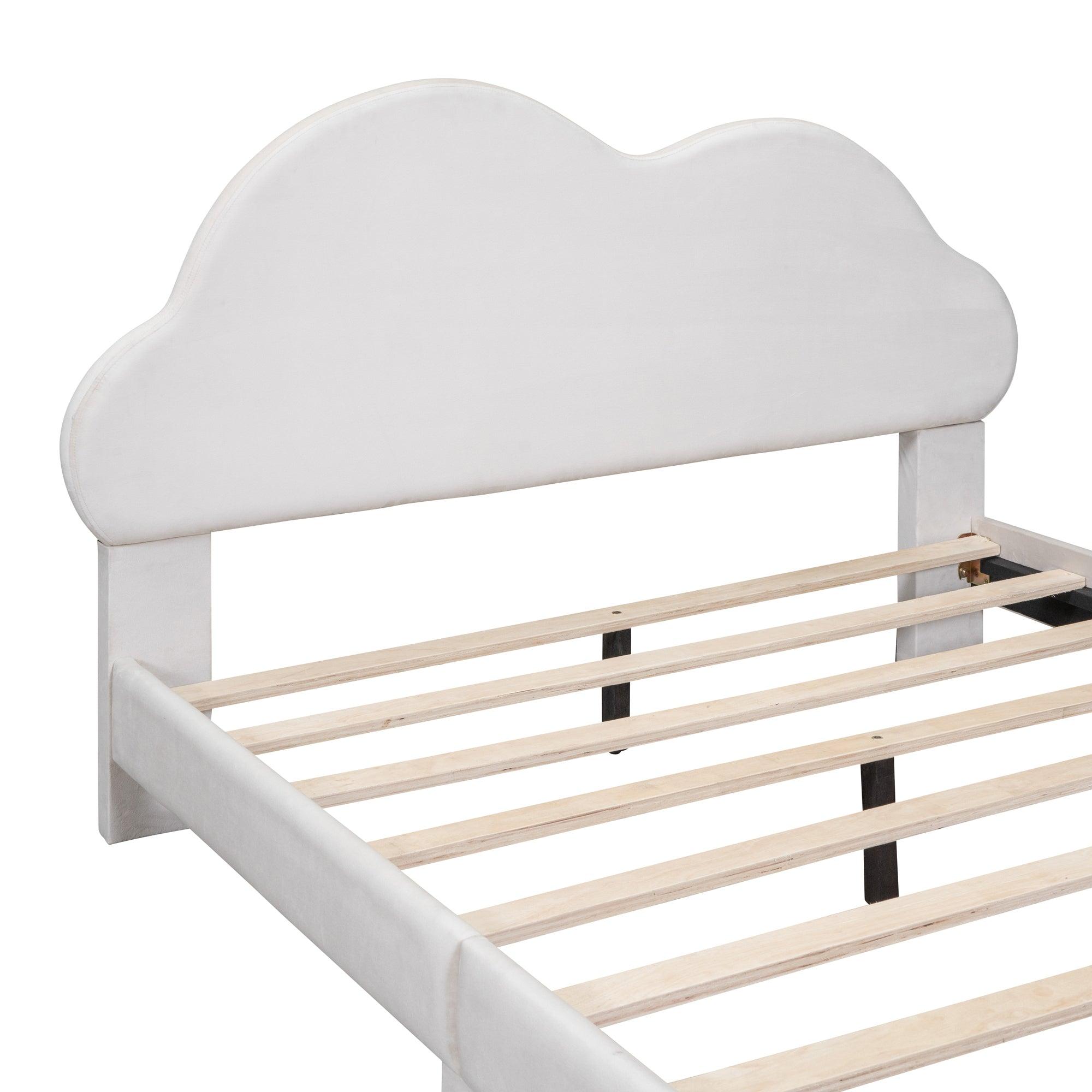 Full size Upholstered Cloud-Shape Bed , Velvet Platform Bed with Headboard, No Box-spring Needed, Beige