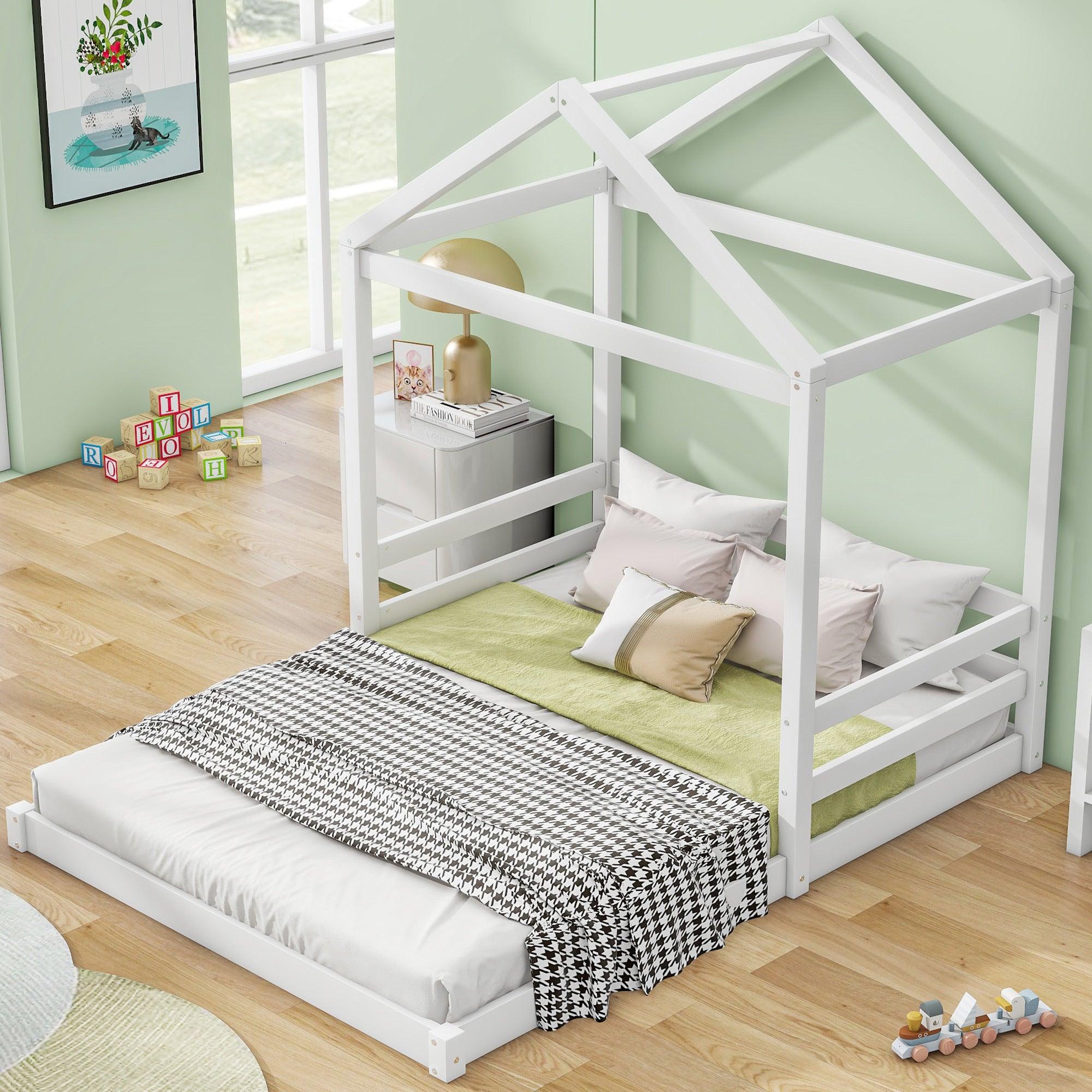 🆓🚛 Wood Full Size House Bed With Guardrail, White