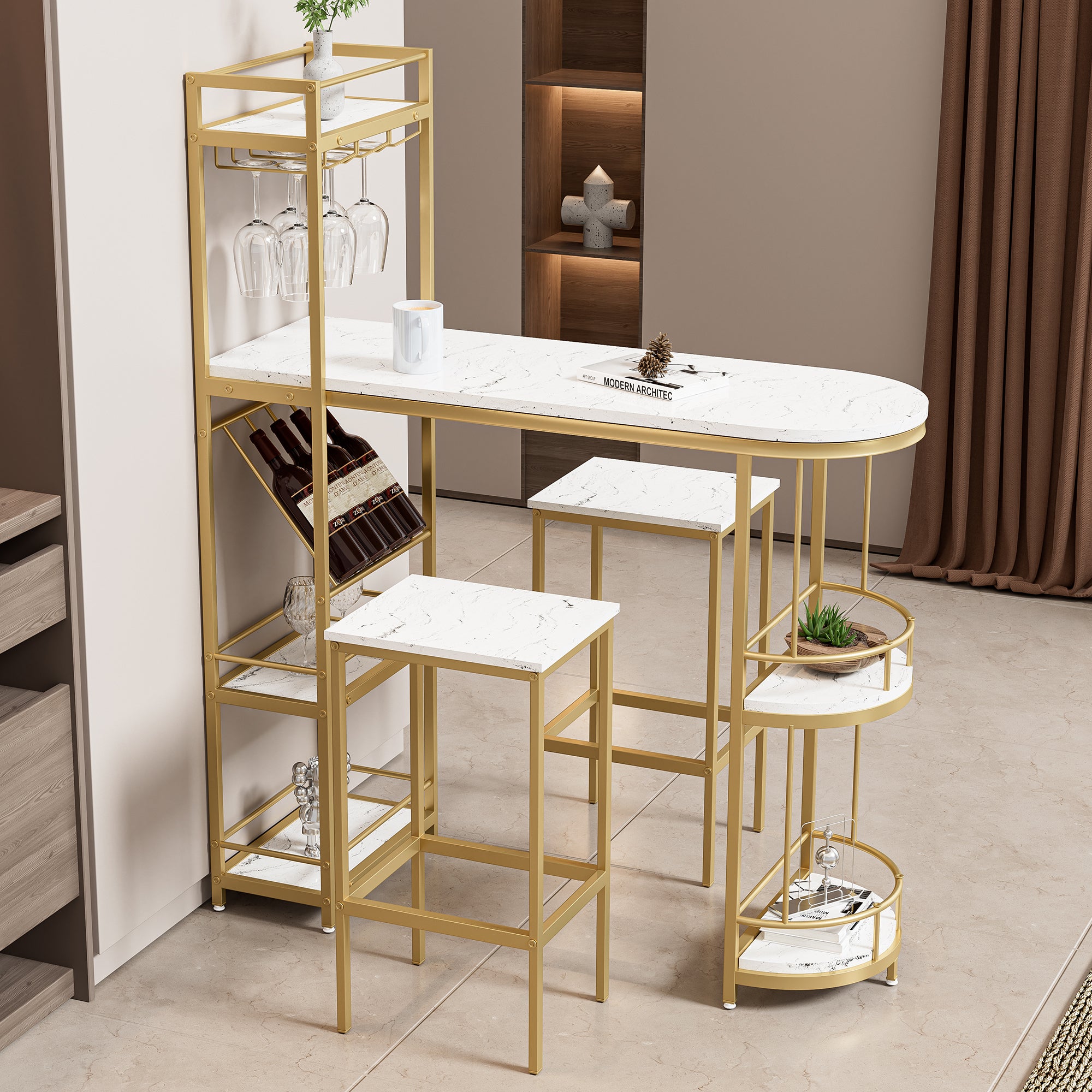 🆓🚛 3 Pcs Bar Table and Chairs Set, Modern White Kitchen Bar Height Dining Table Wood Breakfast Pub Table With Gold Base With Shelves, Glass Rack, Wine Bottle Rack, With 2 Bar Stools