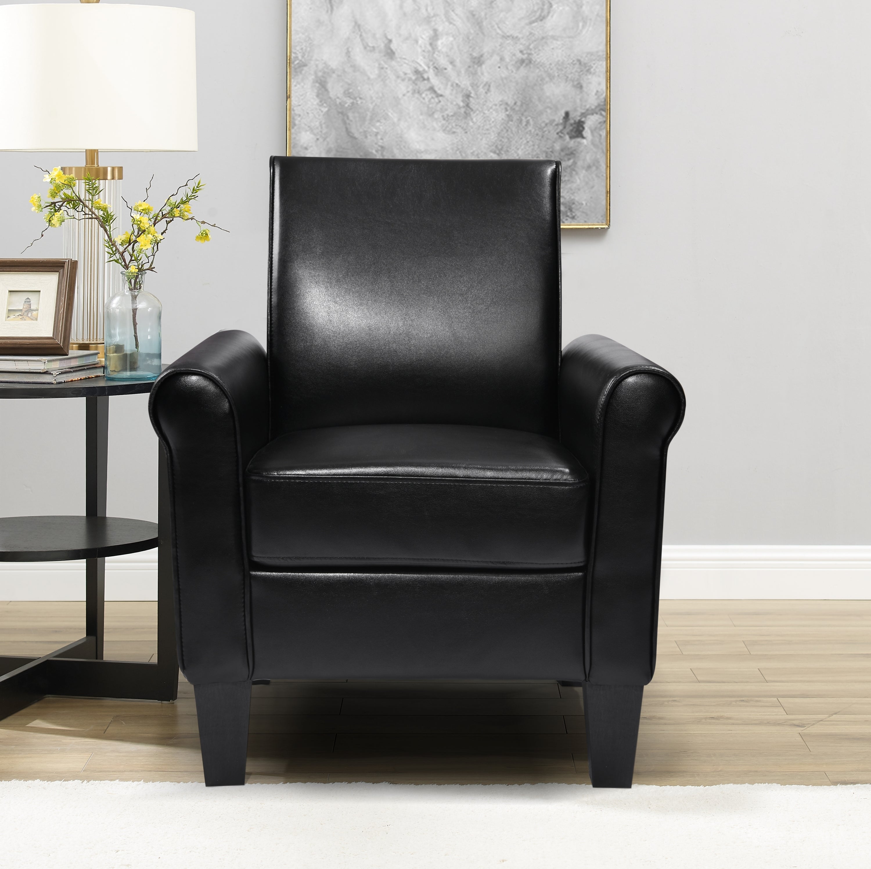 🆓🚛 Accent Chairs, Comfy Sofa Chair, Armchair for Reading, Living Room, Bedroom, Office, Waiting Room, Pu Leather, Black
