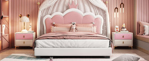 Full size Upholstered Princess Bed With Crown Headboard, Full Size Platform Bed with Headboard and Footboard, White+Pink