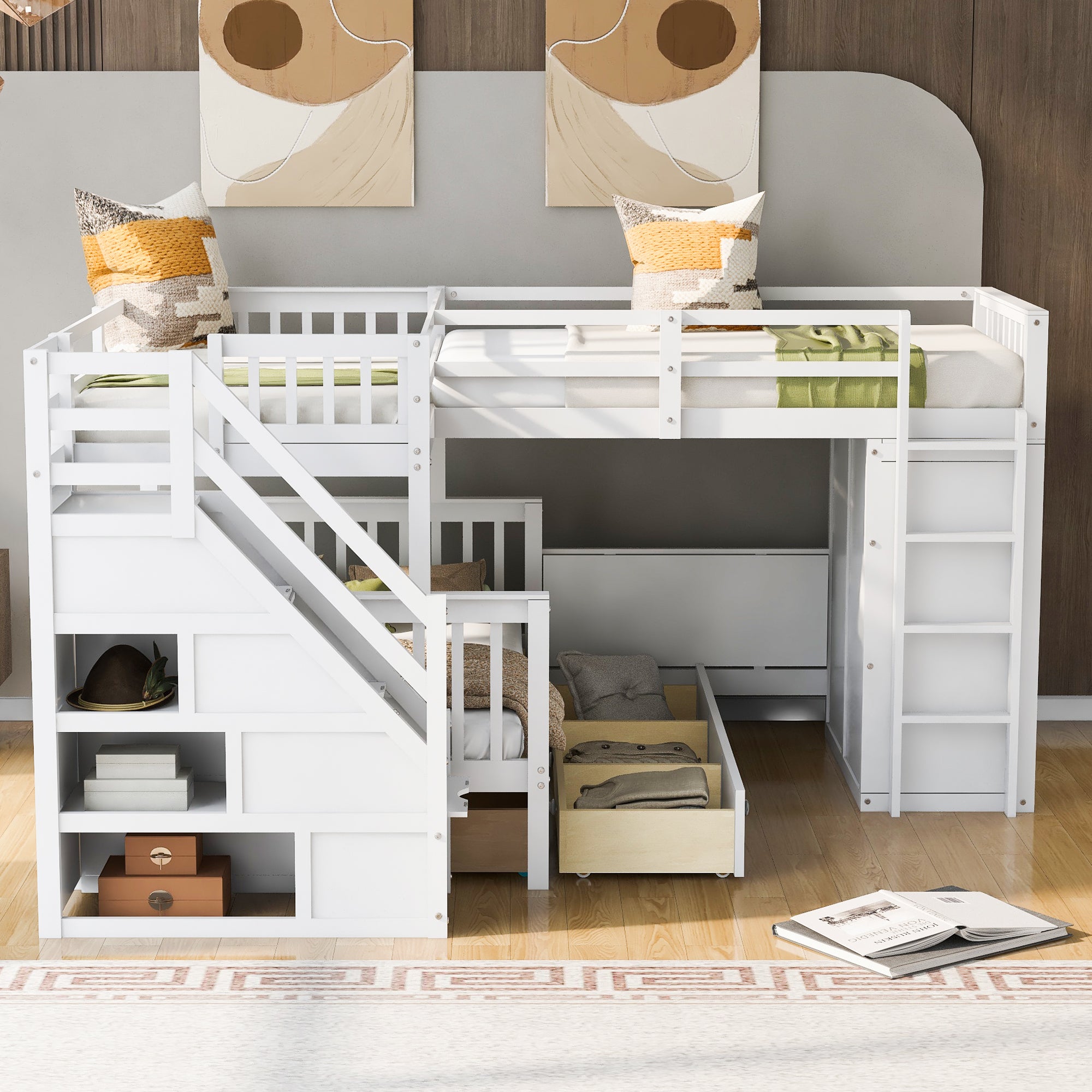🆓🚛 Twin-Twin Over Full L-Shaped Bunk Bed With 3 Drawers, Portable Desk and Wardrobe, White
